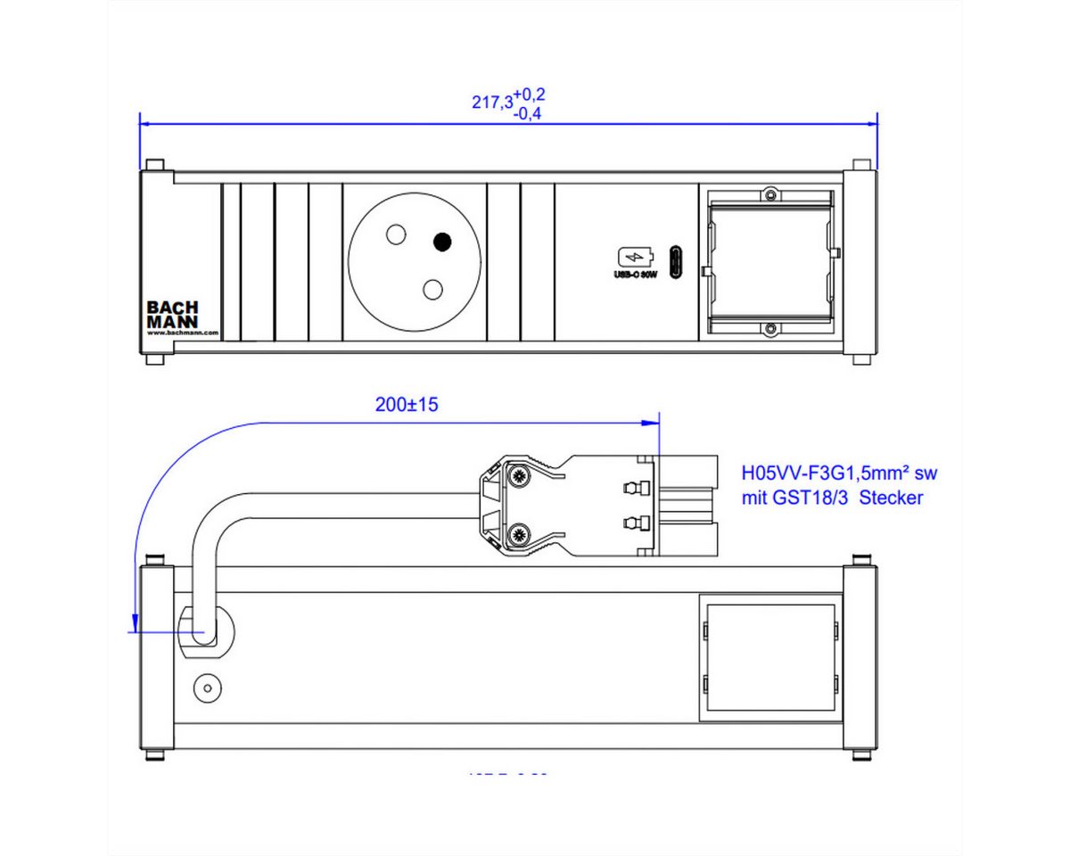 Thumbnail - Bachmann CONI 1xUTE 1xUSB C 30W 1xCM 0,2m GST18 Einbau-Tischsteckdosenleiste (Kabellänge 0.2 m)