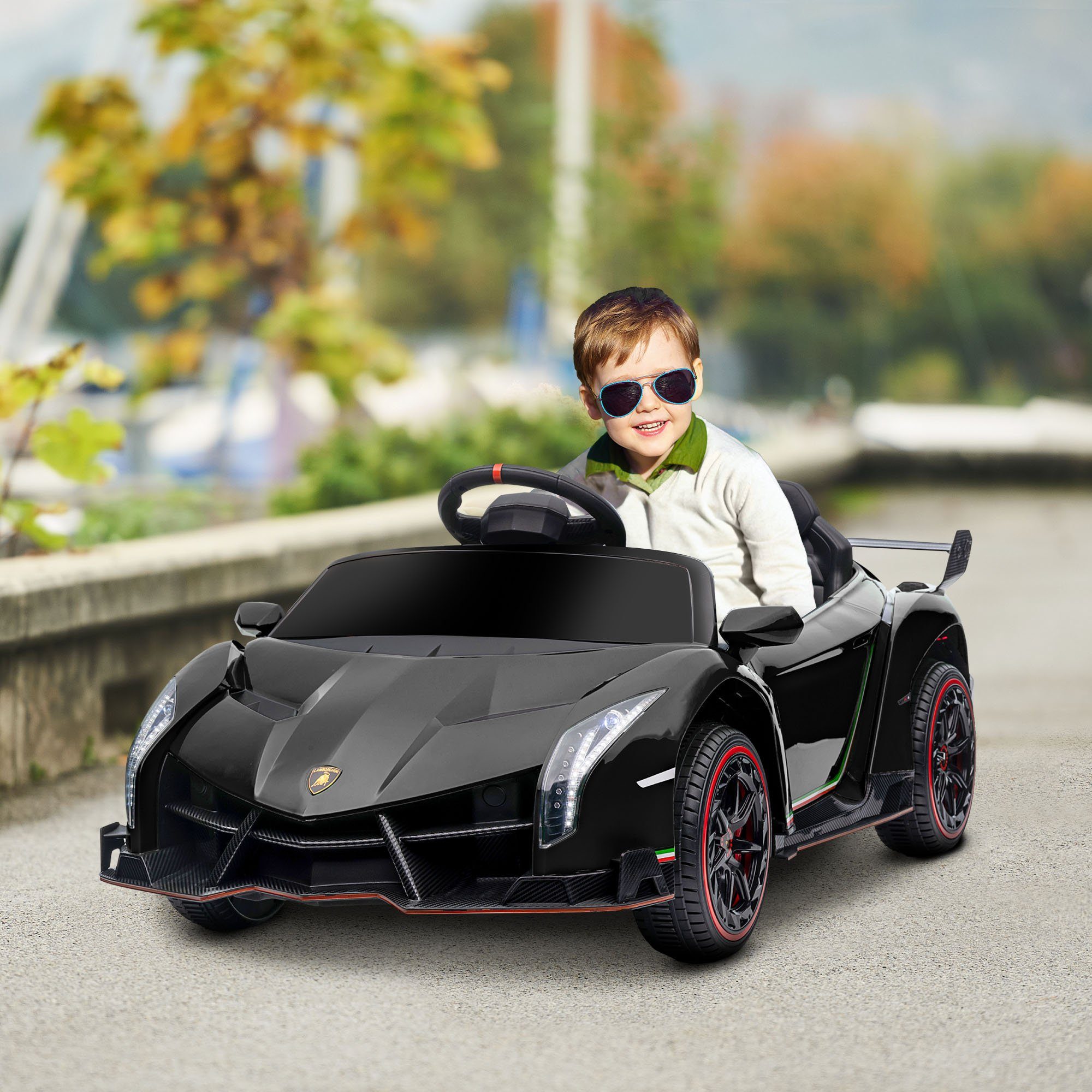 HOMCOM Elektro-Kinderauto Elektrofahrzeuge mit MP3-Player, Scheinwerfer, Kinderfahrzeug, Belastbarkeit 30 kg, (1-tlg), für Außenbereich, Schwarz