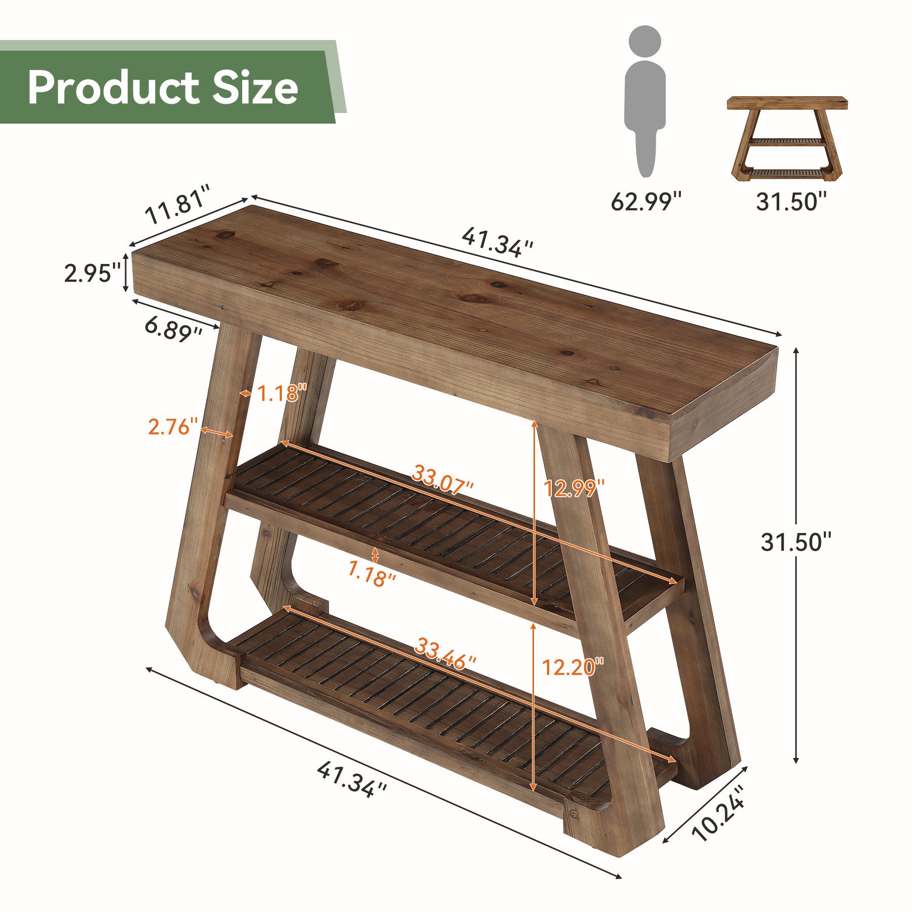 Tribesigns Konsolentisch 105 cm Flurtisch aus Massivholz mit 3 Ablagen, Schmaler Sofatisch im Landhausstil mit A-Gestell – Bild 2 von 5