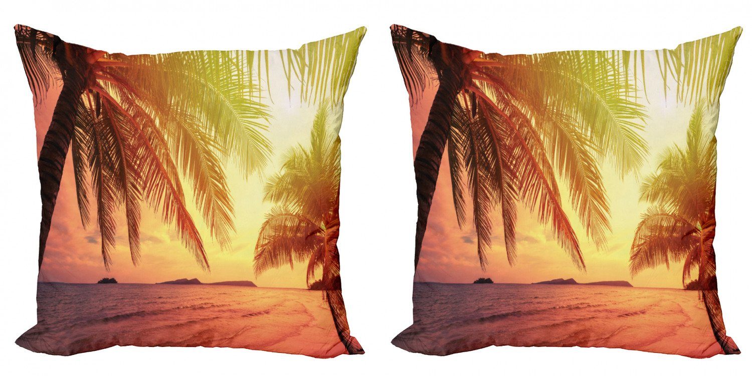 Kissenbezüge Modern Accent Doppelseitiger Digitaldruck, Abakuhaus (2 Stück), Palme Sonnenuntergang am Strand in warmen Tönen