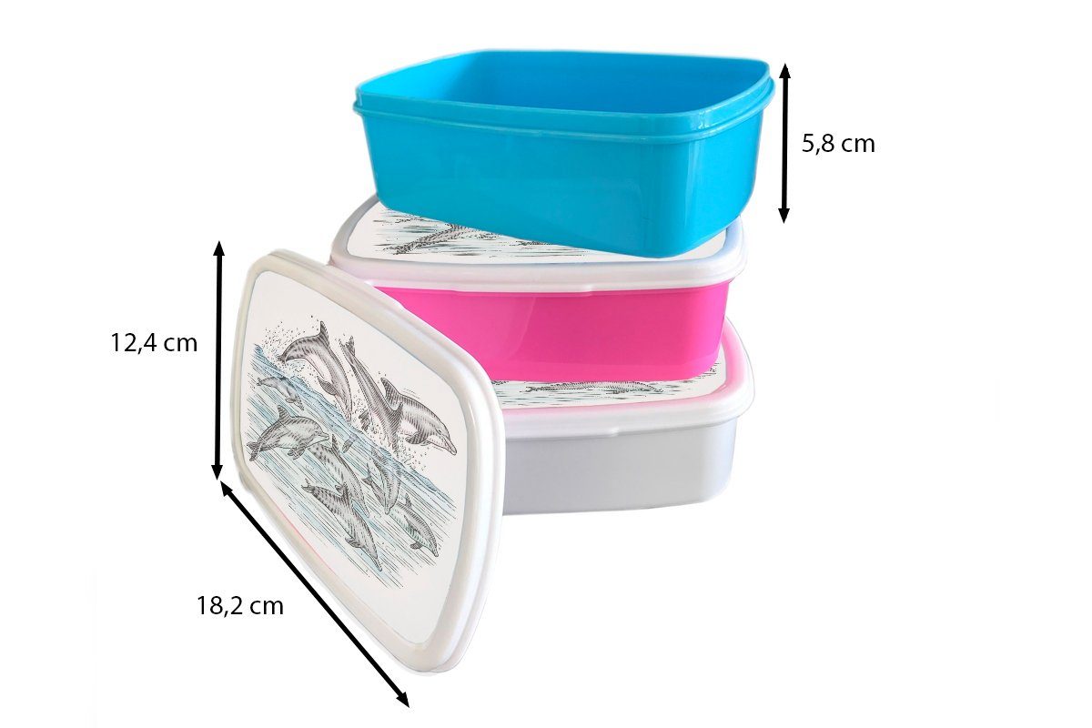 MuchoWow Lunchbox Erwachsene, (2-tlg), Mädchen, Kunststoff - Brotbox Snackbox, rosa - Kunststoff, für Kinder, Brotdose Delfine Tiere, Wasser