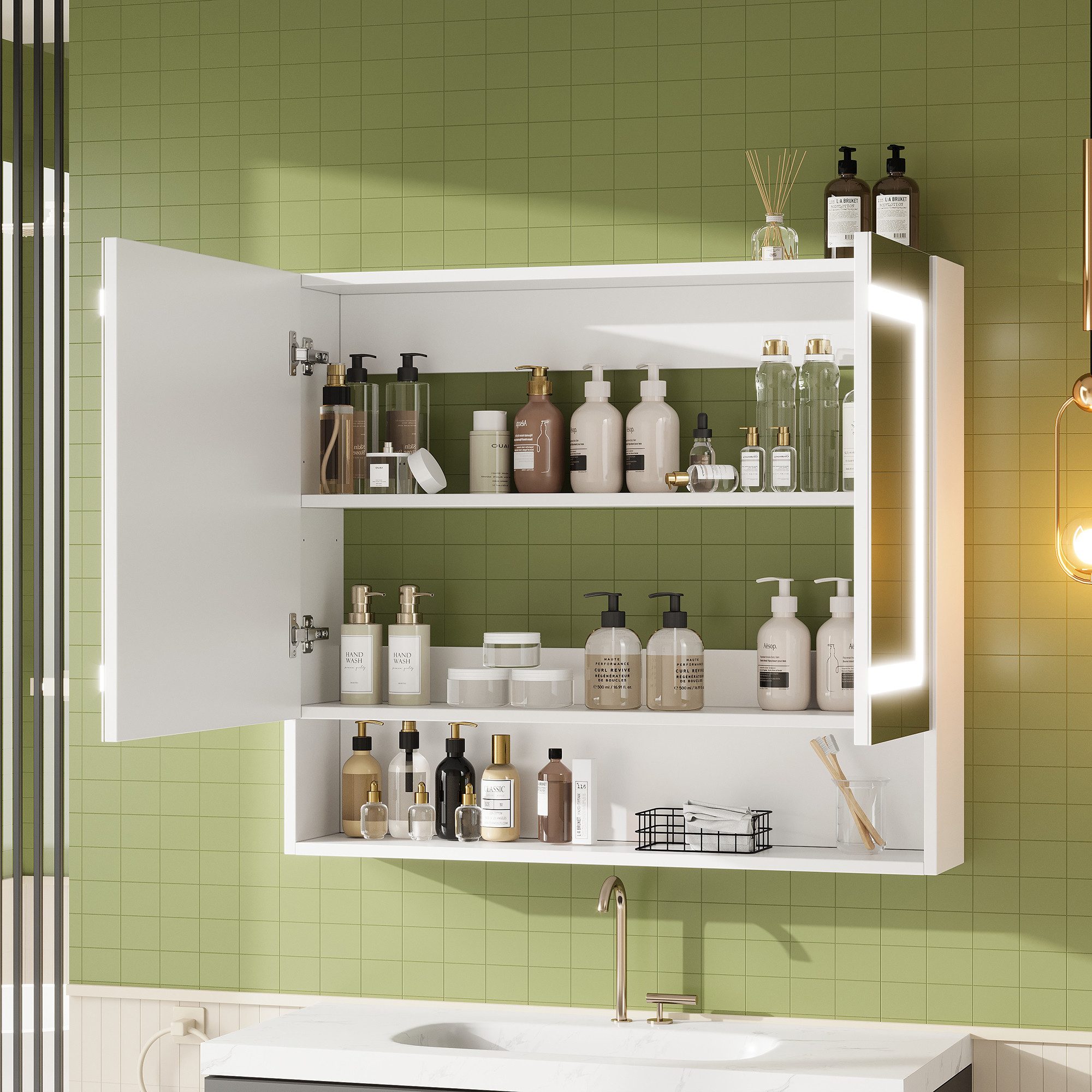 Flieks Badezimmerspiegelschrank Spiegelschrank mit Doppeltür, Ein-Knopf-Entfeuchtung, LED-Beleuchtung (80x17x70 cm, 1-St., Entnebelungsfunktion, Helligkeit einstellbar, Soft-Close-Funktion) Badezimmerschrank mit verstellbare Einlegeböden Wandschrank