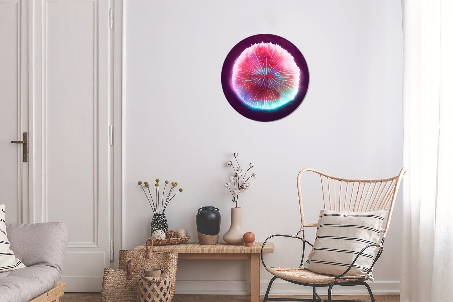 Rundes Neonfarbener (1 Kreis MuchoWow Wanddekoration Kreis Forex, St), Wandbild, cm Gemälde 30x30 Wohnzimmer, Koralle,