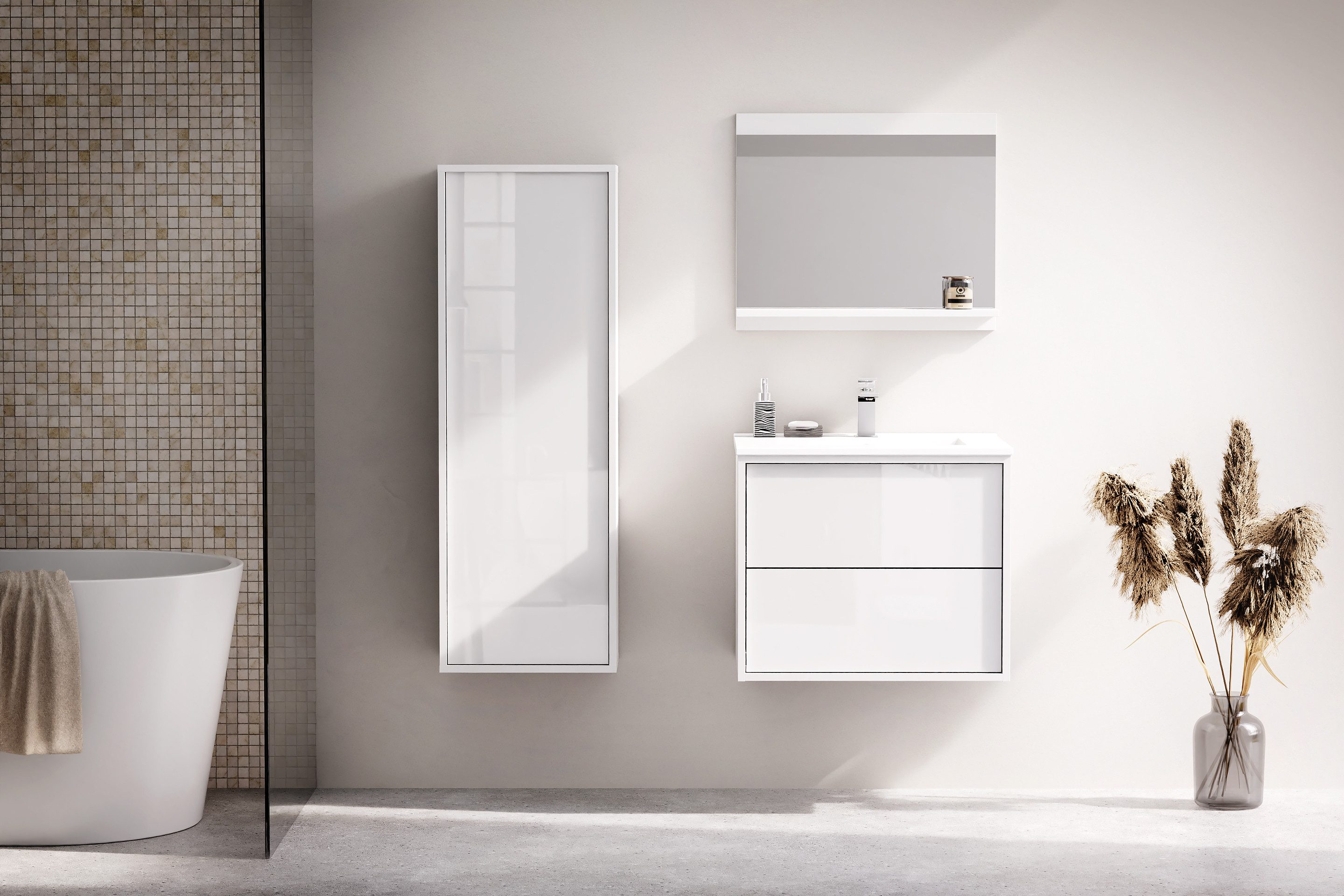 welltime Waschtisch Waschbeckenunterschrank Line mit Waschbecken,Badmöbel,zwei Schubladen, Badschrank mit Waschbecken, Push to open, Maße B/H/T: 61/53/47 cm
