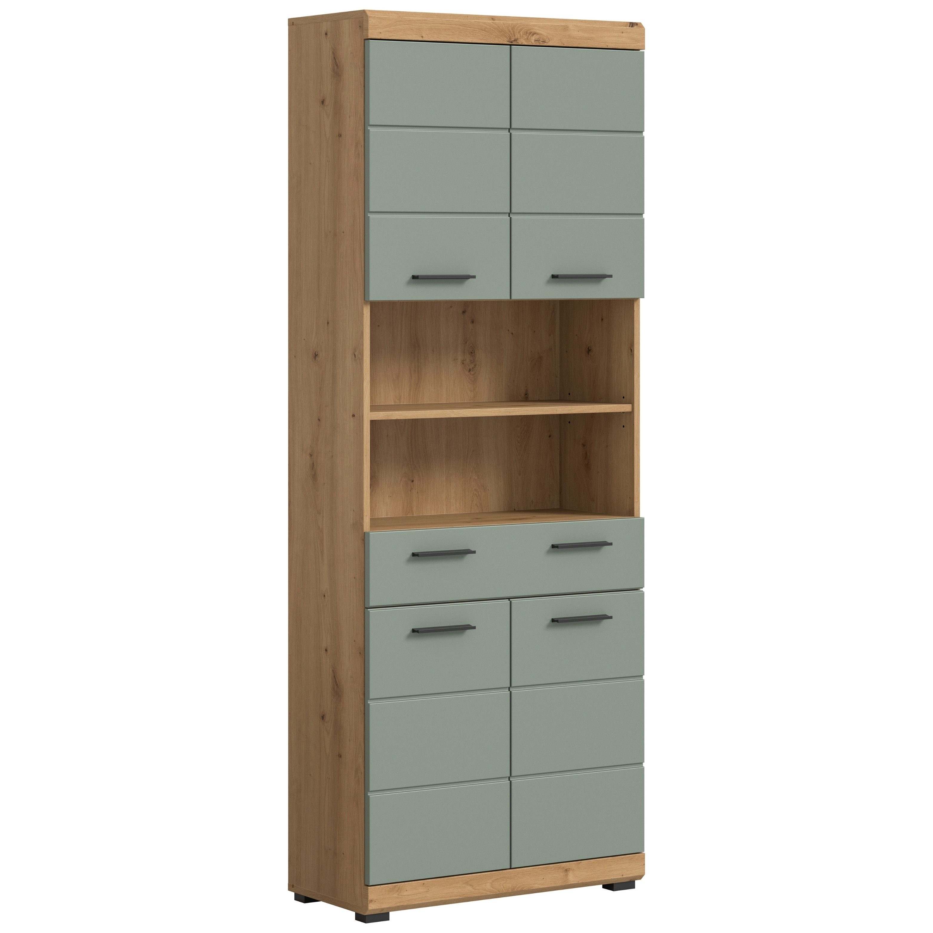 furnling Hochschrank Scott 4 Türen, 1 Schublade, 2 offene Fächer, Badmöbel, Badschrank