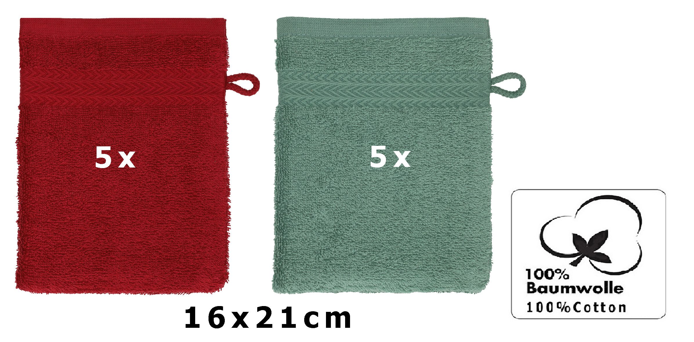 Betz Waschhandschuh 10 Stück Waschhandschuhe Premium16x21 cm Farbe rubinrot-tannengrün, (Set), mit Aufhänger