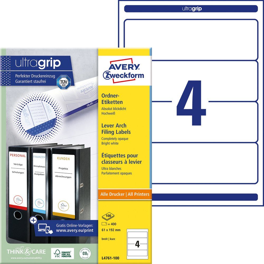 Avery Zweckform Etikett Avery-Zweckform Ordner-Etiketten L4761-100 61 x 192 mm Papier Weiß Per