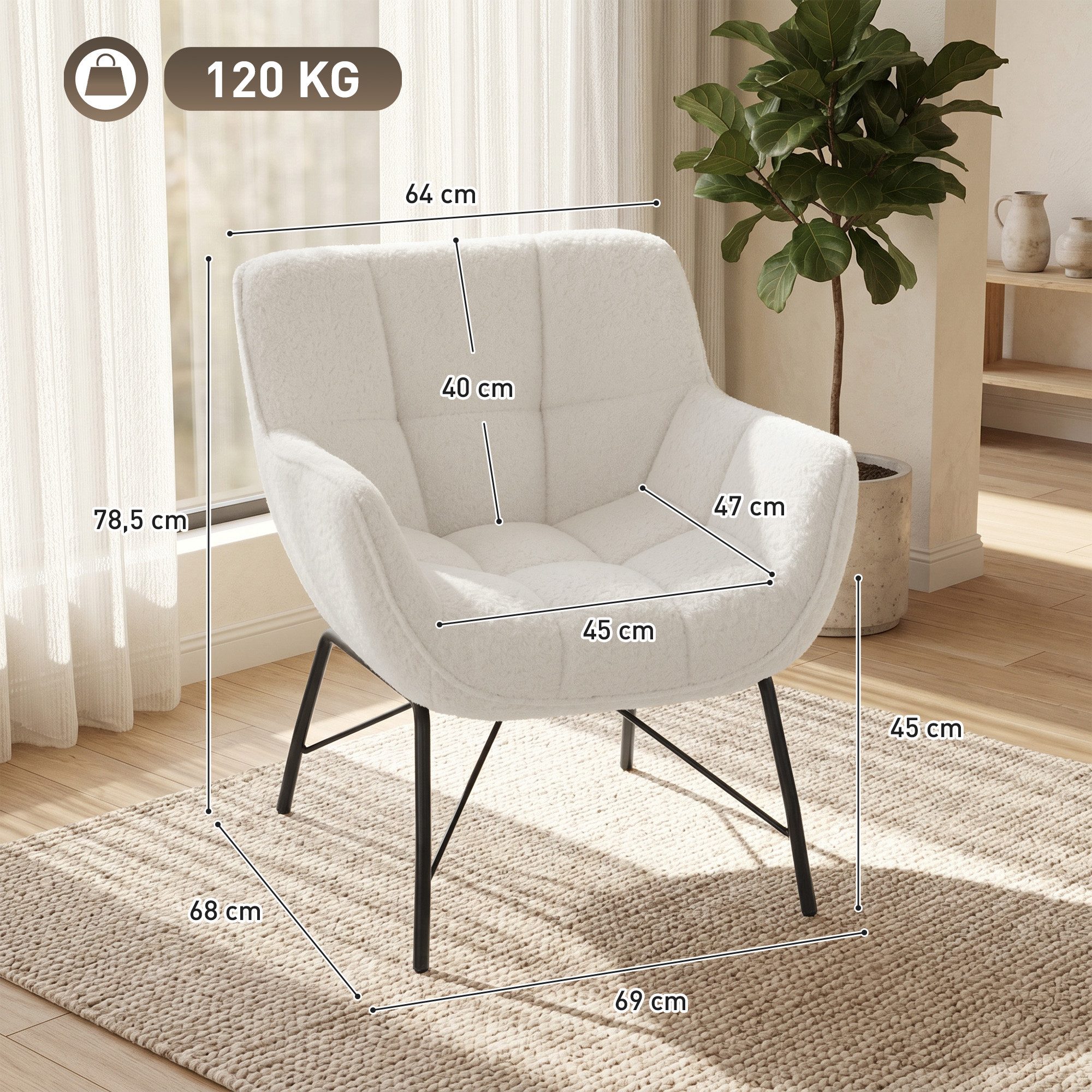 HOMCOM Relaxsessel Loungesessel Sessel mit Sherpa-Fleece-Optik, mit Armlehnen (Loungesessel, 1-St., Sessel), Elegante Steppung, ergonomisch, robust – Bild 3 von 5