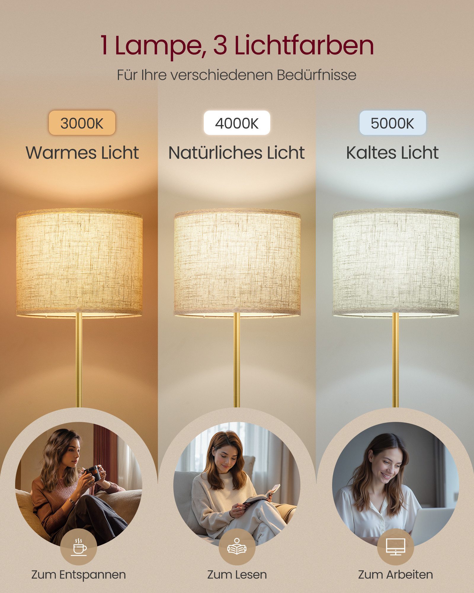 VASAGLE Stehlampe höhenverstellbare Leselampe, 140-170 cm hoch, mit 3 Lichtfarben, Fußtaster, Lampenschirm aus Stoff