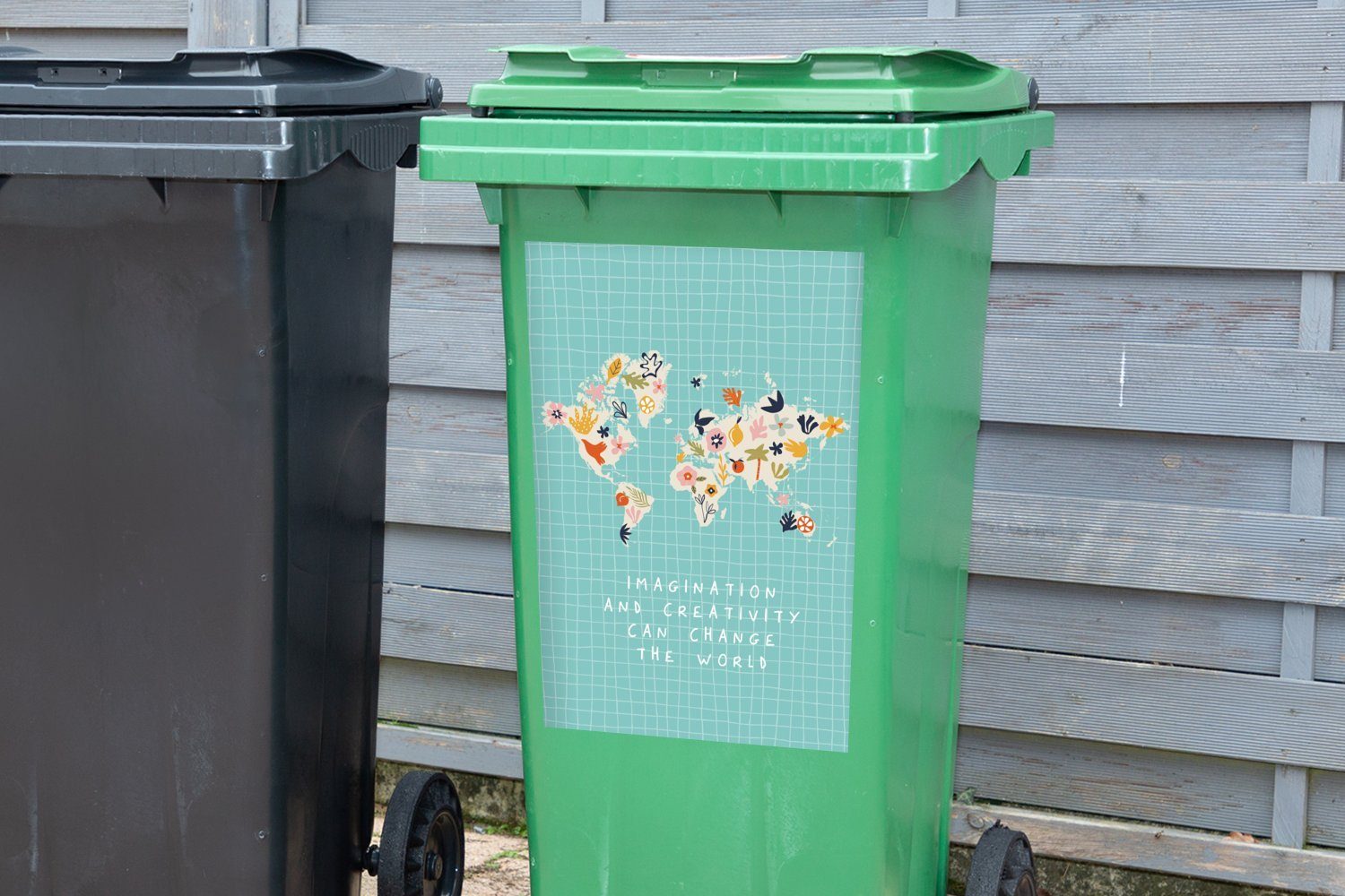 MuchoWow Wandsticker Weltkarte - Sticker, Container, Blumen Mülleimer-aufkleber, Früchte St), (1 Mülltonne, - Abfalbehälter - Zitate
