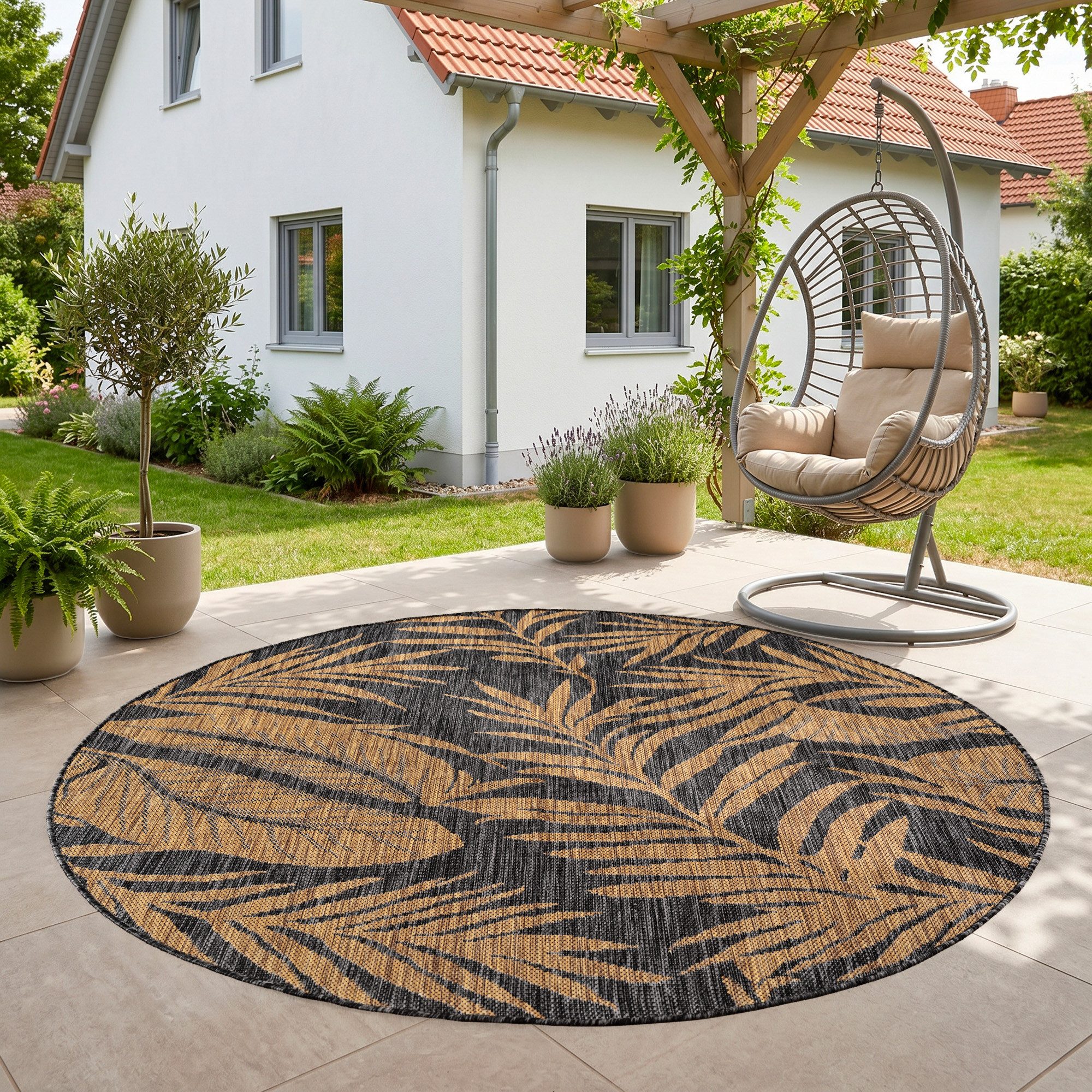 SIMPEX24 Outdoorteppich Botanisch, Rund, Höhe: 3 mm, Teppich Wetterfest Waschbar Balkon, Garten, Terrasse und Küchenteppich