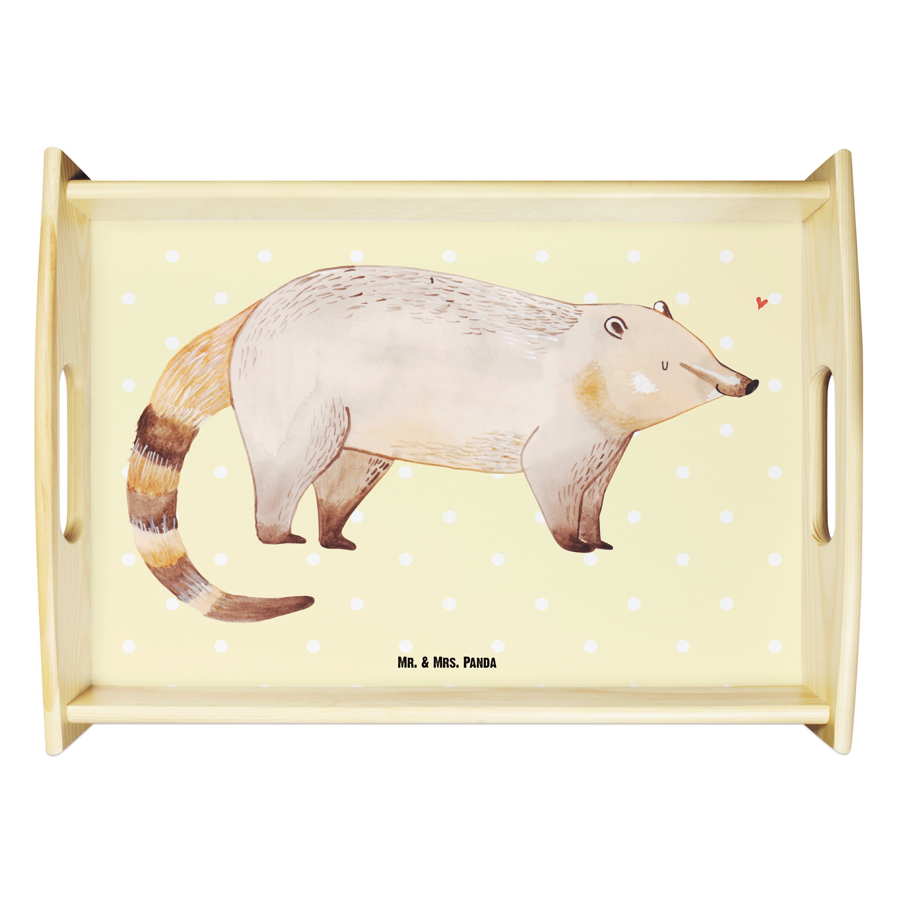 Mr. & Mrs. Panda Tablett Nasenbär - Gelb Pastell - Geschenk, Küchentablett, Frühstückstablett, Echtholz lasiert, (1-tlg)