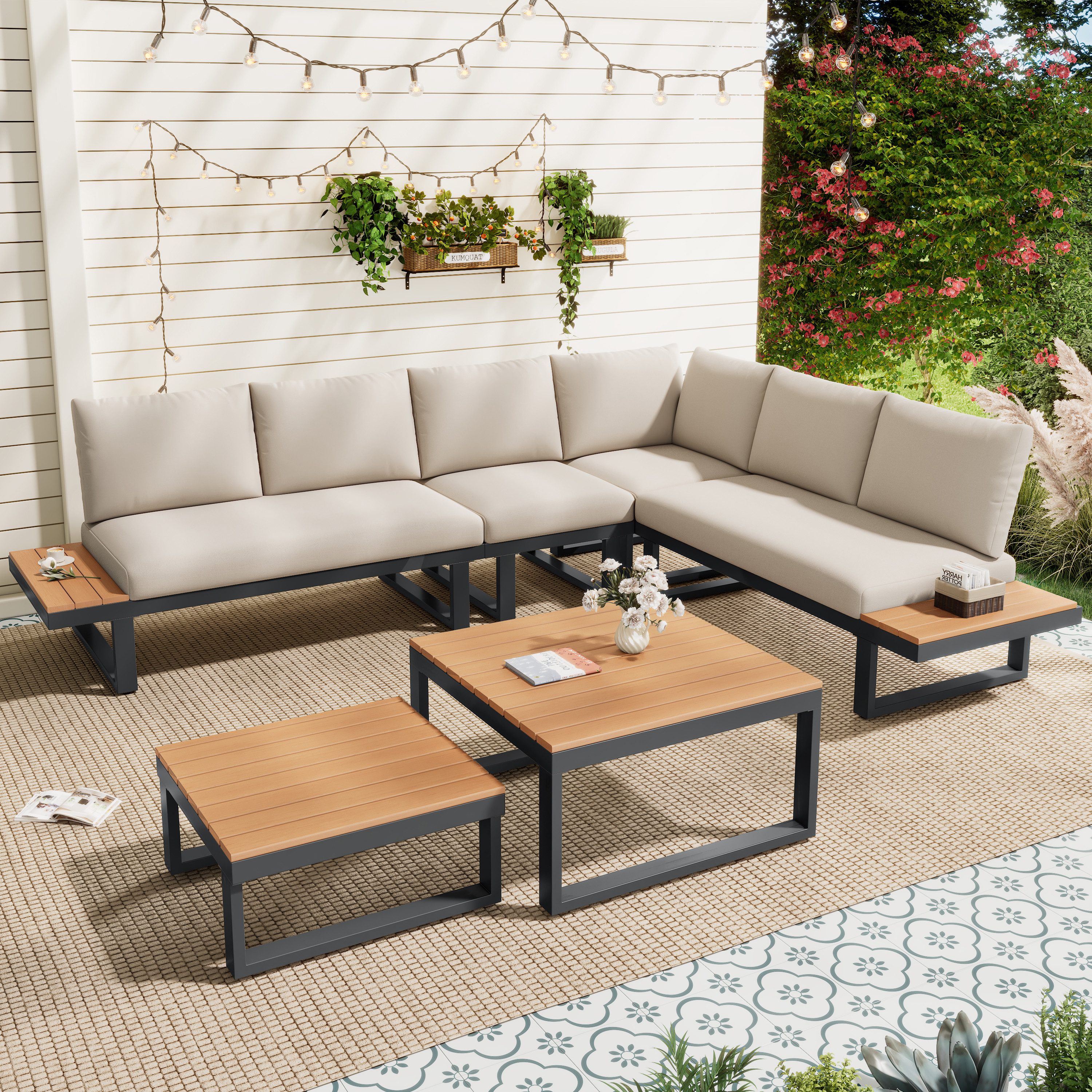 Flieks Gartenlounge-Set, 6-Sitzer Gartenmöbel 2 Tisch, Ecksofa mit 5-stufig-Neigungsfunktion