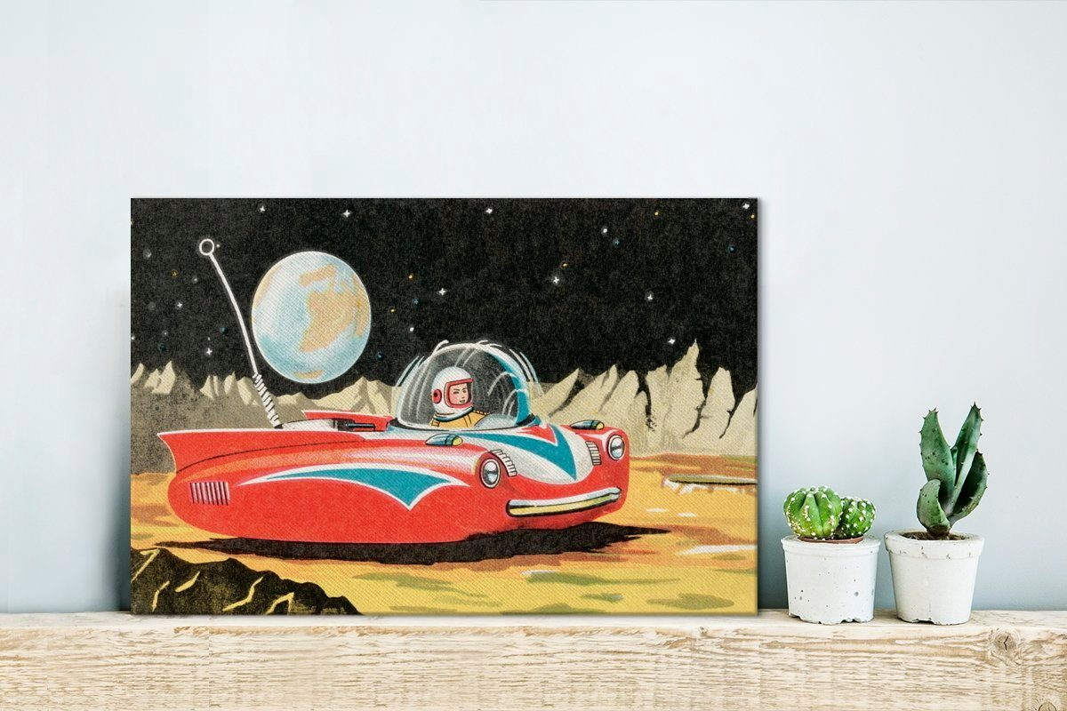 OneMillionCanvasses® Leinwandbild Eine Science-Fiction-Illustration eines St), Mannes 30x20 Mond, dem Aufhängefertig, cm Wandbild Wanddeko, (1 Leinwandbilder, auf