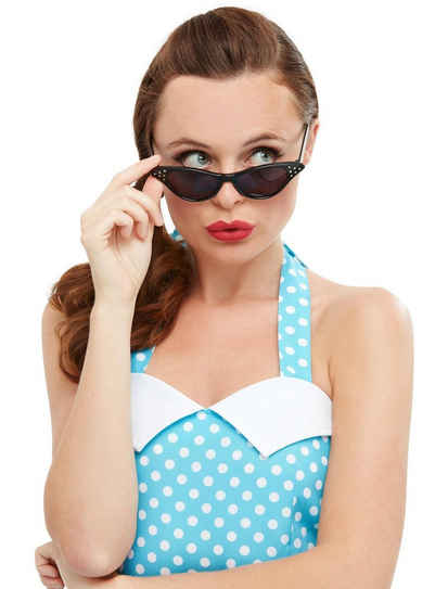Smiffys Kostüm Rockabilly Cateye Brille schwarz, 50er Jahre Sonnenbrille mit Strasssteinchen