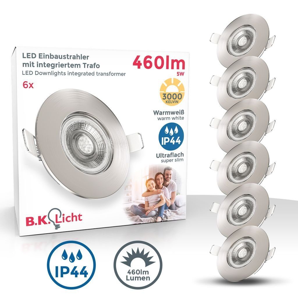 B.K.Licht LED Einbaustrahler LED Bad Einbauleuchten 6er Set Ultra-Flach 25mm - BKL1278, LED fest integriert, Warmweiß, Ø90mm Matt-Nickel 6 x 5W 6x 460 Lumen 3.000K IP44 Badspots Deckenspots | Strahler