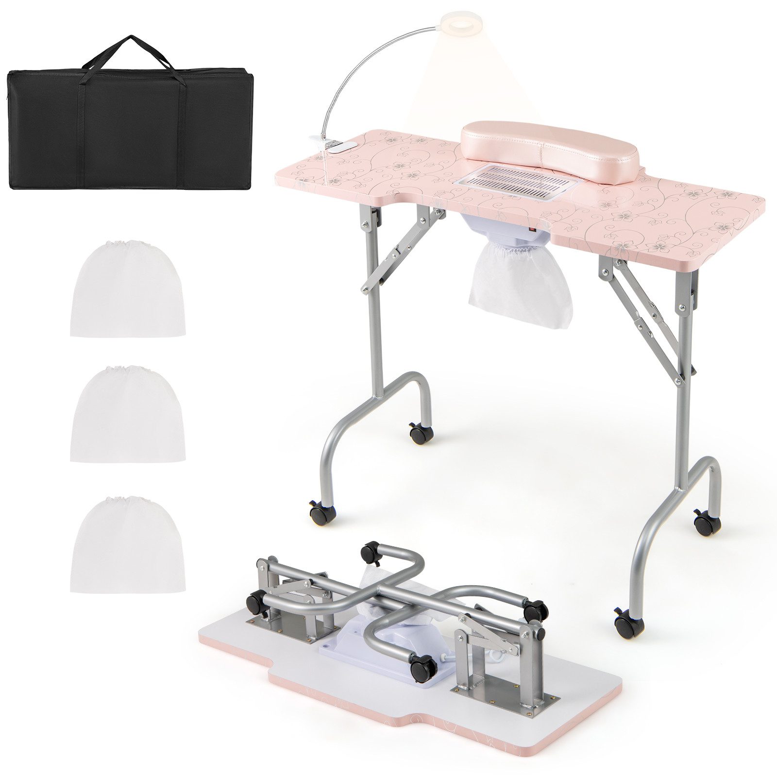 COSTWAY Maniküre-Pediküre-Set Maniküretisch klappbar mit LED, mit Tasche