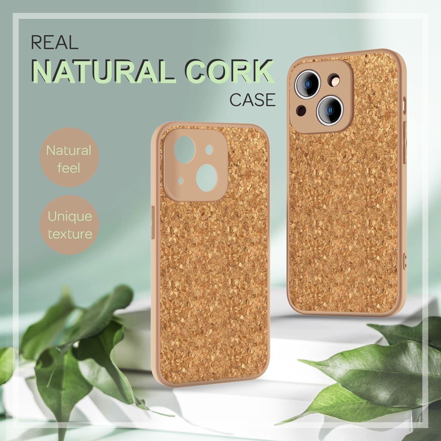 Nalia Smartphone-Hülle Apple iPhone 14 Plus 17 cm (6,7 Zoll), Silikon Hülle mit Echt-Kork / Natur-Kork Hellbraun / Rutschfest / Dünn