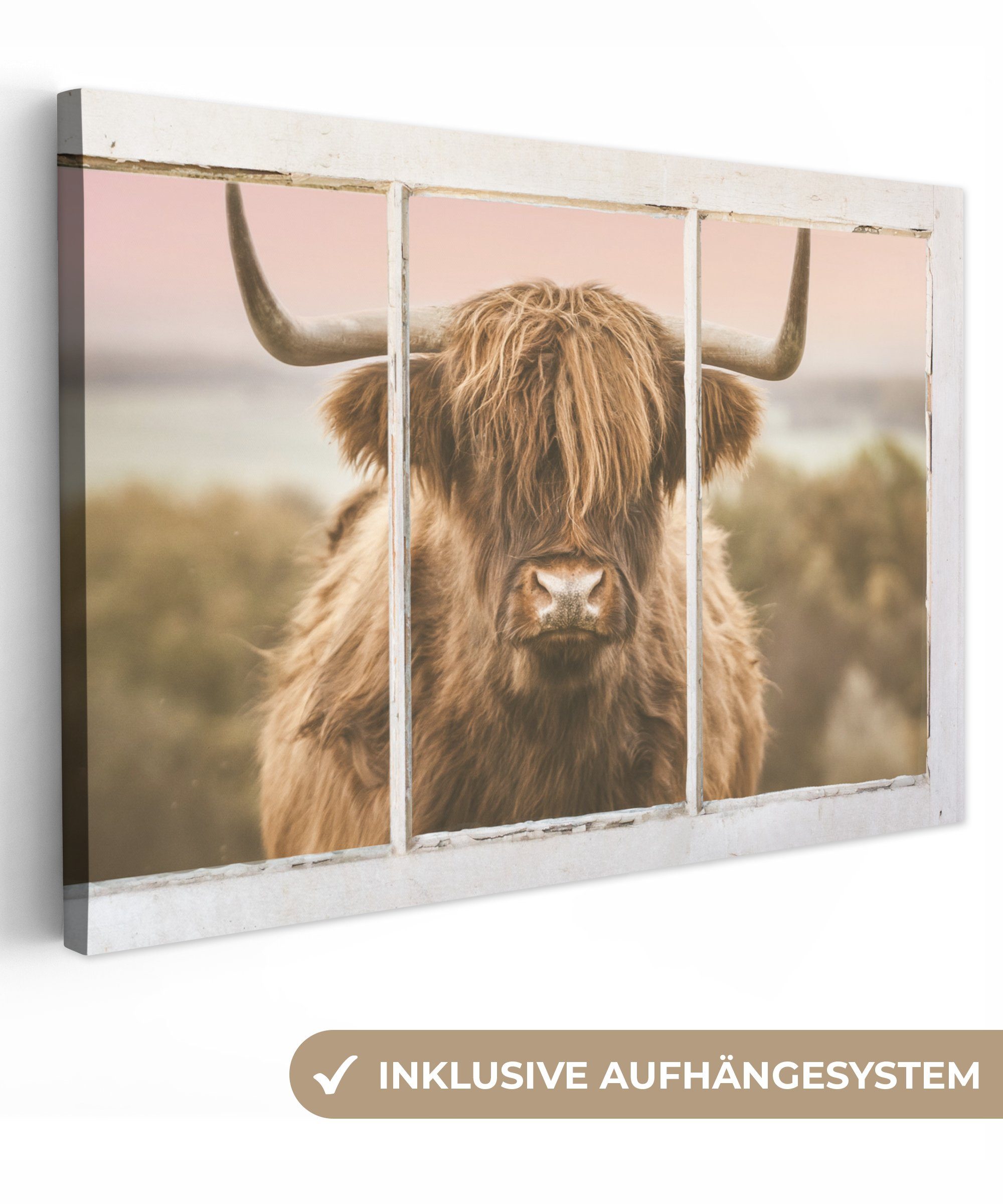 OneMillionCanvasses® Leinwandbild Schottischer Highlander - Blick - Meer, (1 St), Wandbild Leinwandbilder, Aufhängefertig, Wanddeko, 30x20 cm