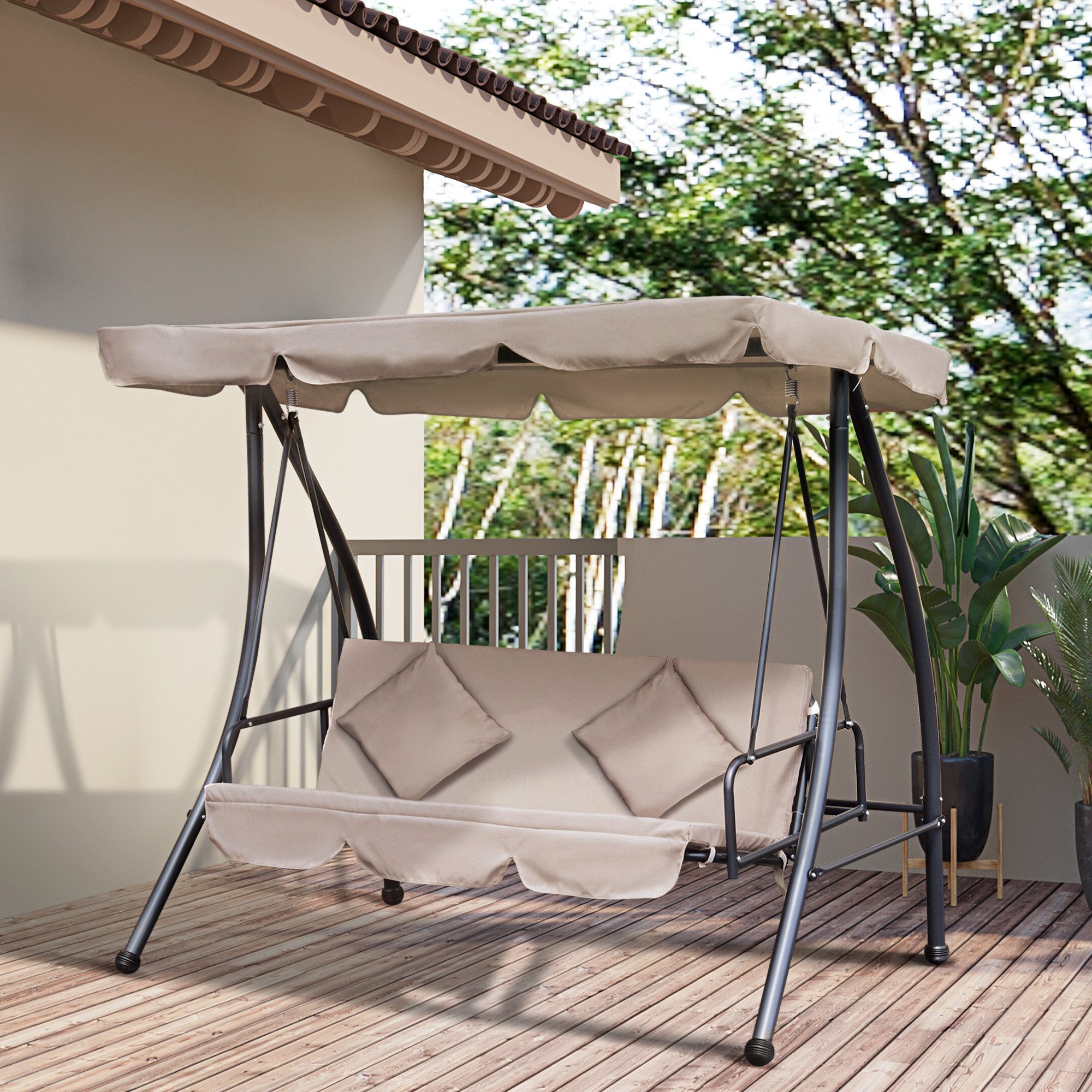 Outsunny Hollywoodschaukel Hollywoodschaukel Gartenschaukel mit verstellbarem Dach Polyester, 3-Sitzer, Liegefunktion, 3-Sitzer Gartenschaukel, 1 tlg., 2 in 1 Schaukelbank, belast bis 340kg, für Garten Terrasse 200x 125 x 170 cm Beige