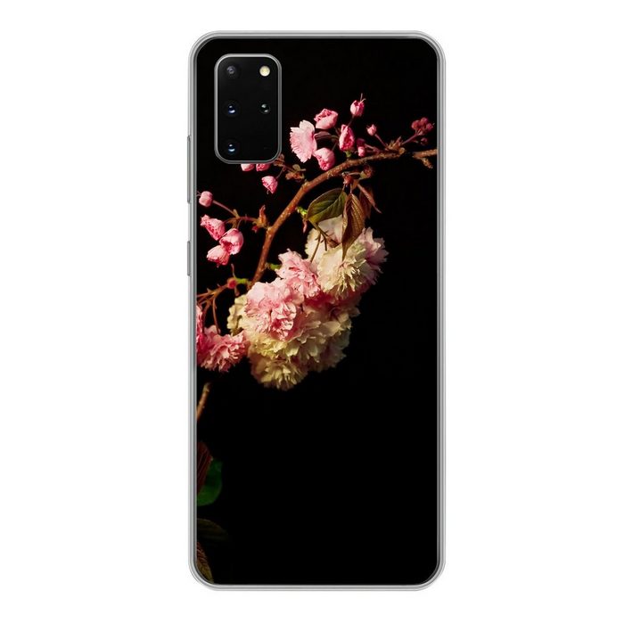 MuchoWow Handyhülle Eine Kirschblüte vor schwarzem Hintergrund Phone Case Handyhülle Samsung Galaxy S20 Plus Silikon Schutzhülle