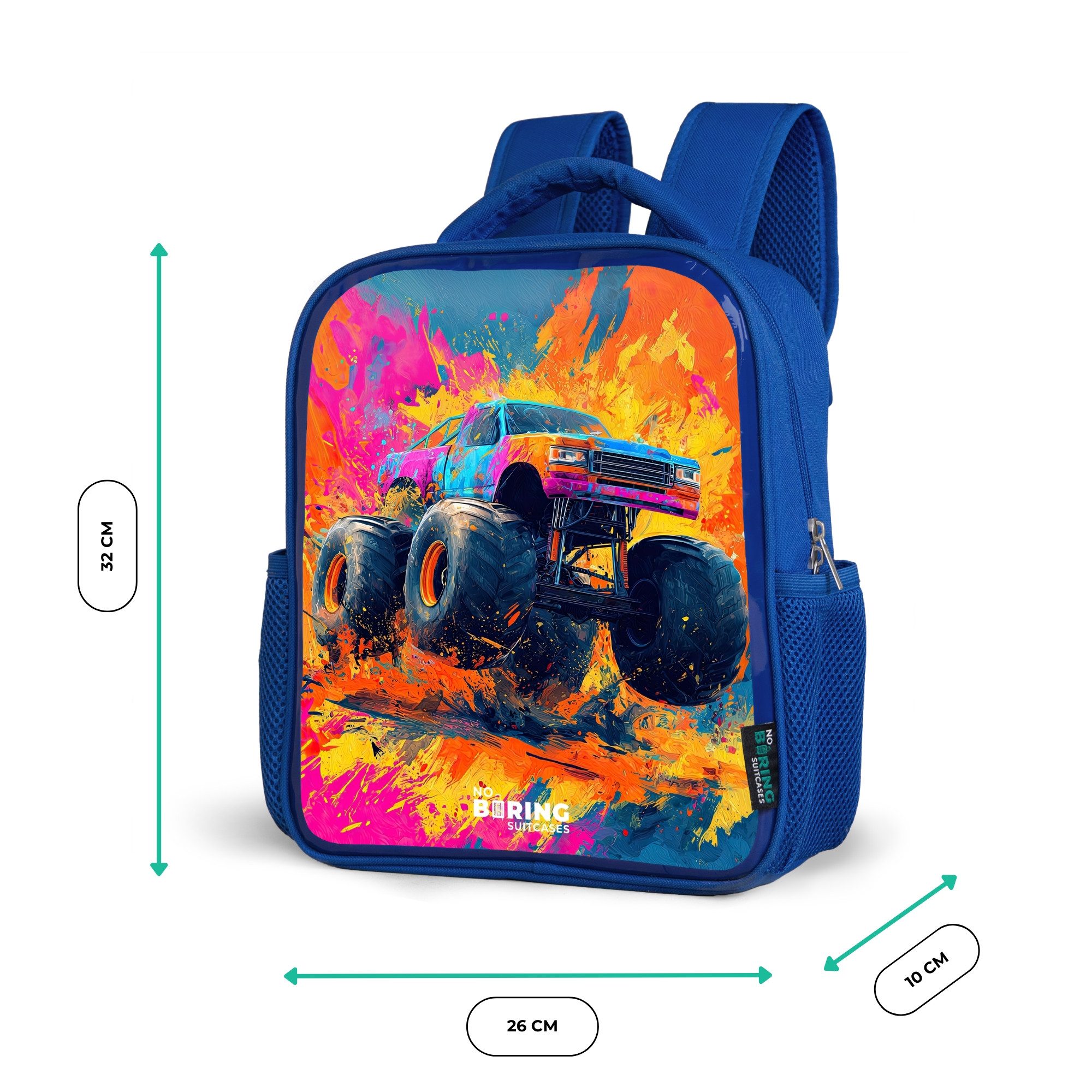 NoBoringSuitcases.com© Rucksack Blau - Monstertruck - Farbspritzer - Bunt - Explosion, Kinderrucksack, Schulrucksack, Freizeitrucksack, Jungen, Kindergarten