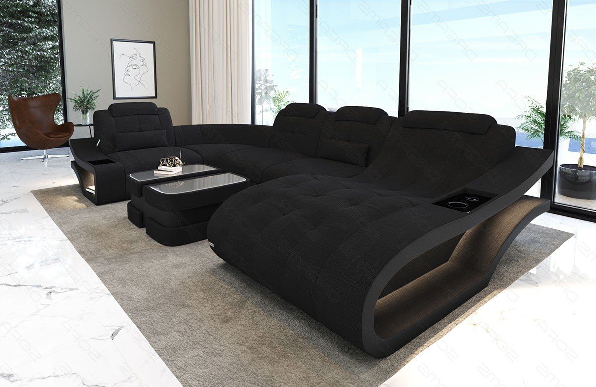 Sofa Dreams Sofa Polster Sofa Wohnlandschaft Couch Elegante H - U Form Stoffsofa, wahlweise mit Bettfunktion Schwarz-Schwarz
