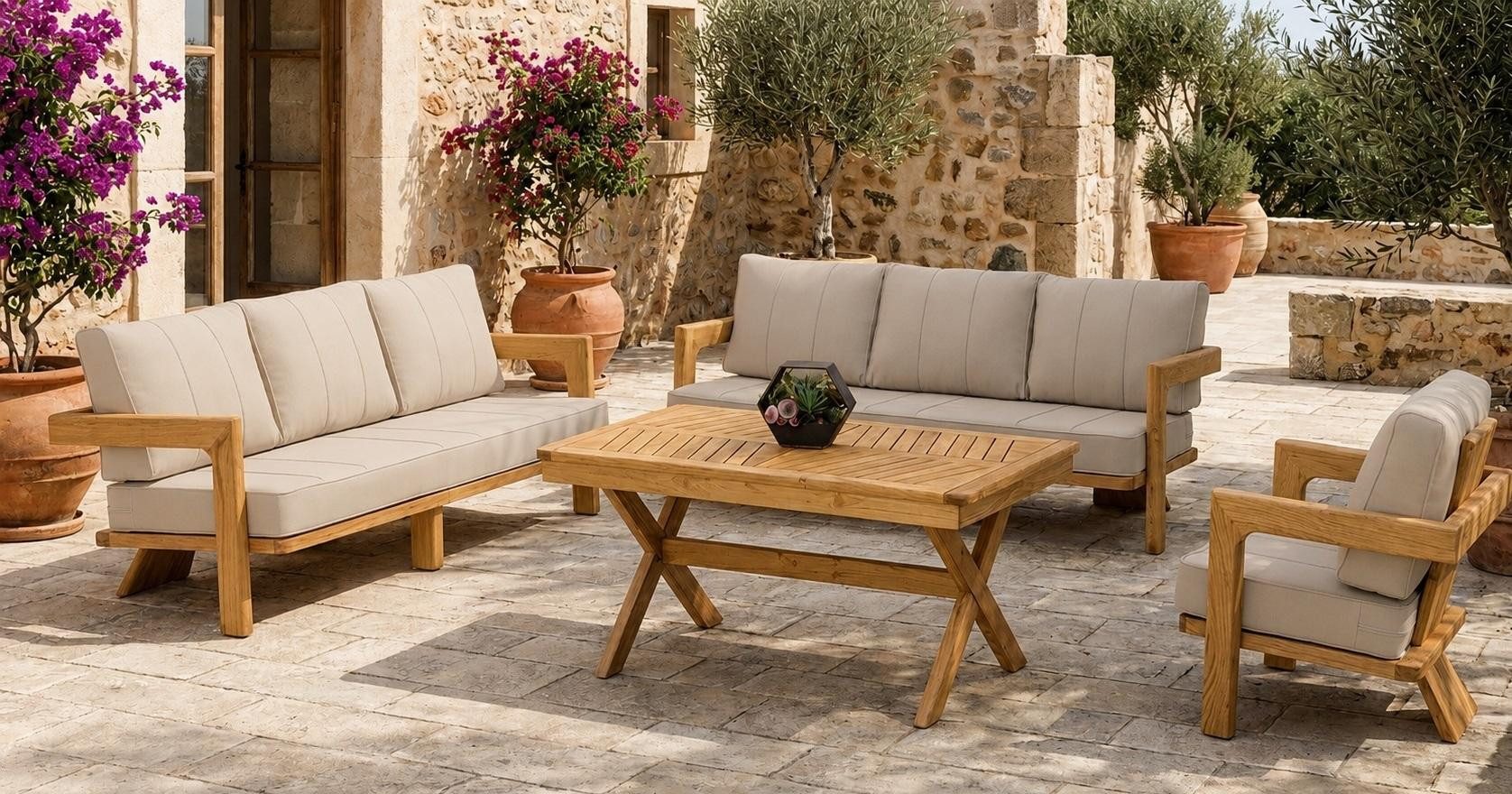 JVmoebel Gartenlounge-Set Terrassenmöbel Set 3-Sitzer Sofa Sessel Beige Kissen Couchtisch Holz, (Sofa Set, 4-tlg., 4-tlg)