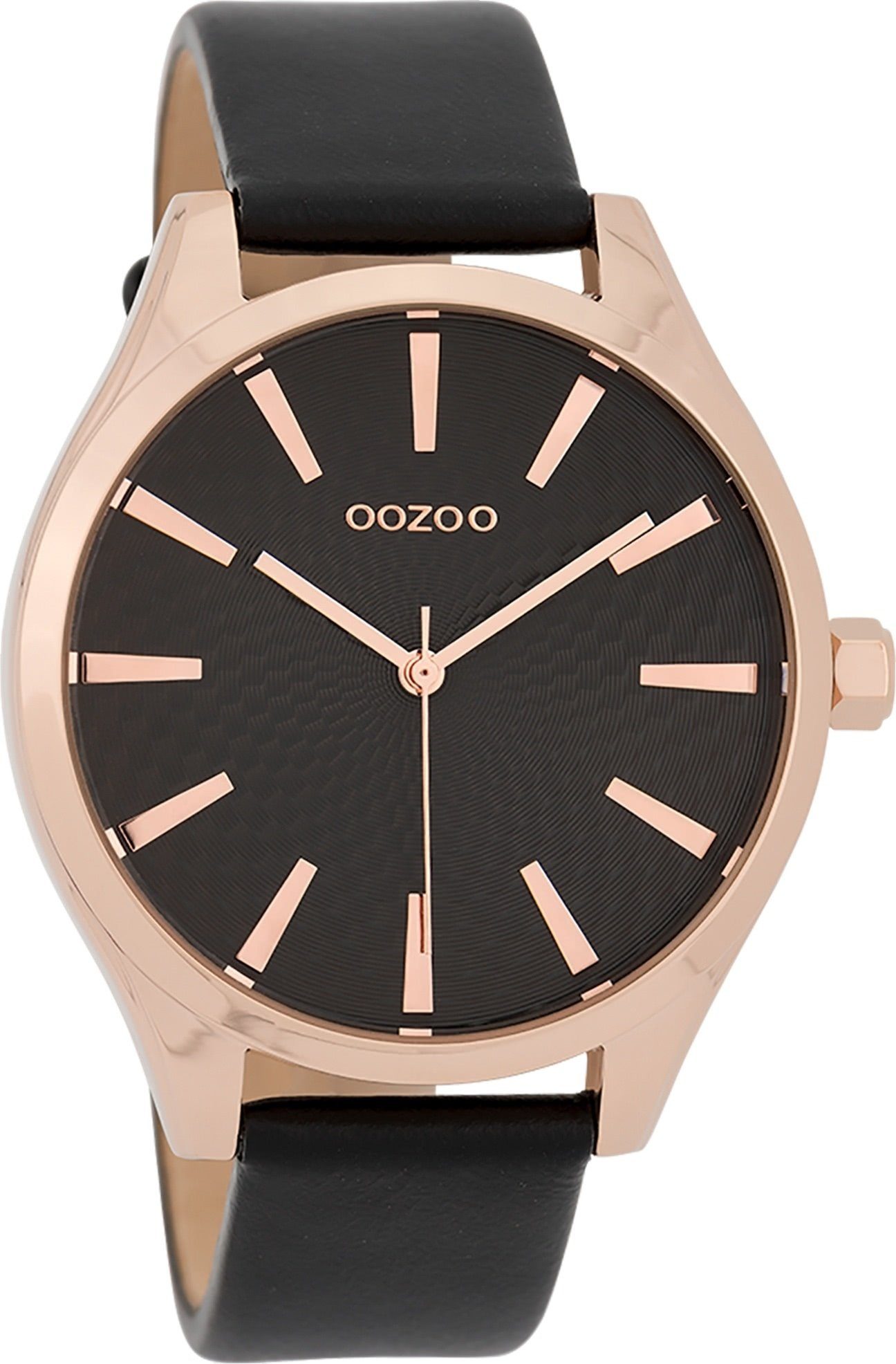 OOZOO Quarzuhr Oozoo Damen Armbanduhr Timepieces, Damenuhr rund, groß (ca. 42mm), Lederarmband schwarz, Fashion