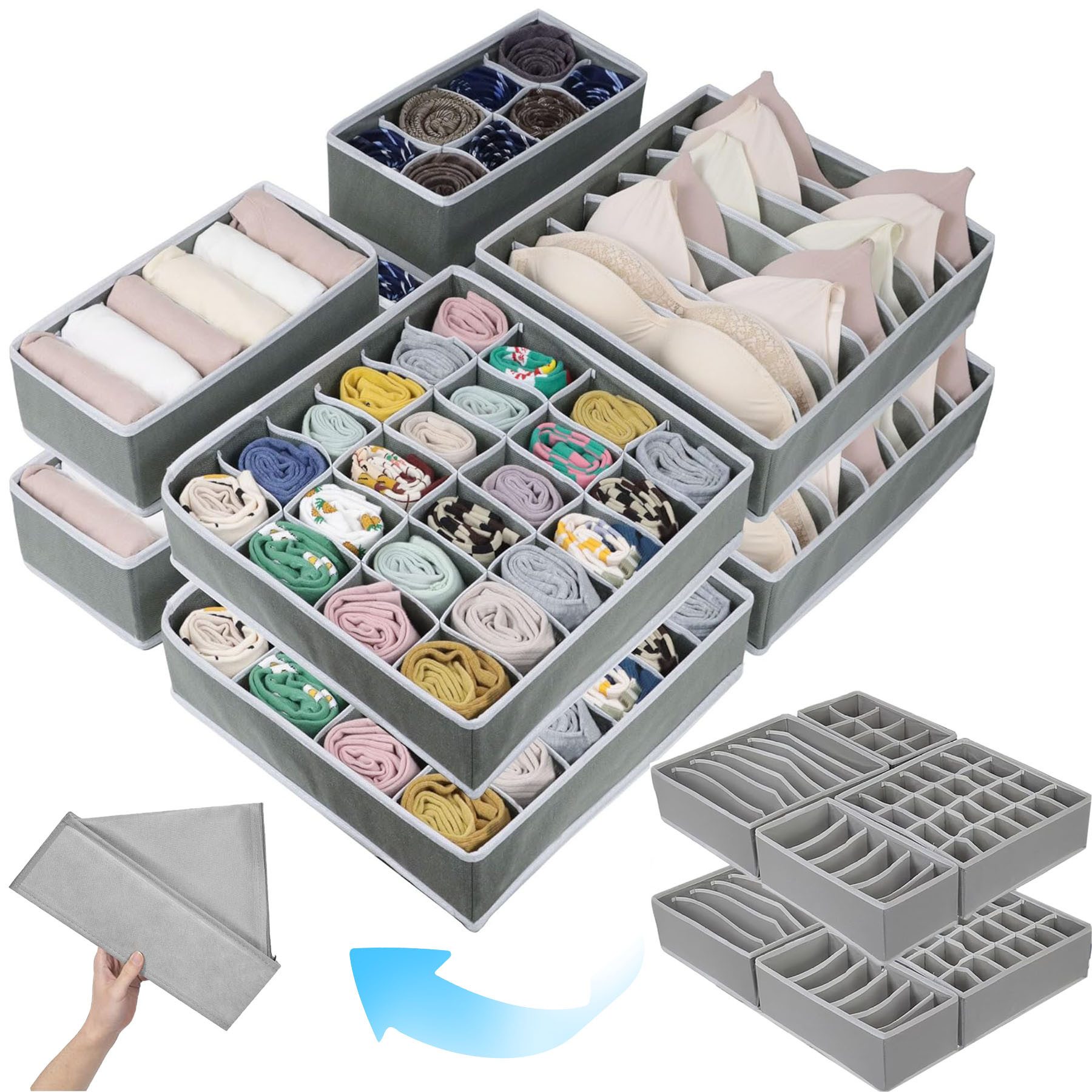 Keyura Aufbewahrungsbox Aufbewahrungsboxen für Unterwäsche, 8 Stück Ordnungssystem,Faltbare (Schubladen-Organizer für Kleiderschrank, Stabil Durch,Geruchsfrei, 8 St., Stoffbox,passgenau,Stabiler Boden,Schubladen Ordnungssystem), Aufbewahrungsbox für BHS, Krawatten, Unterwäsche, Socken, Schals