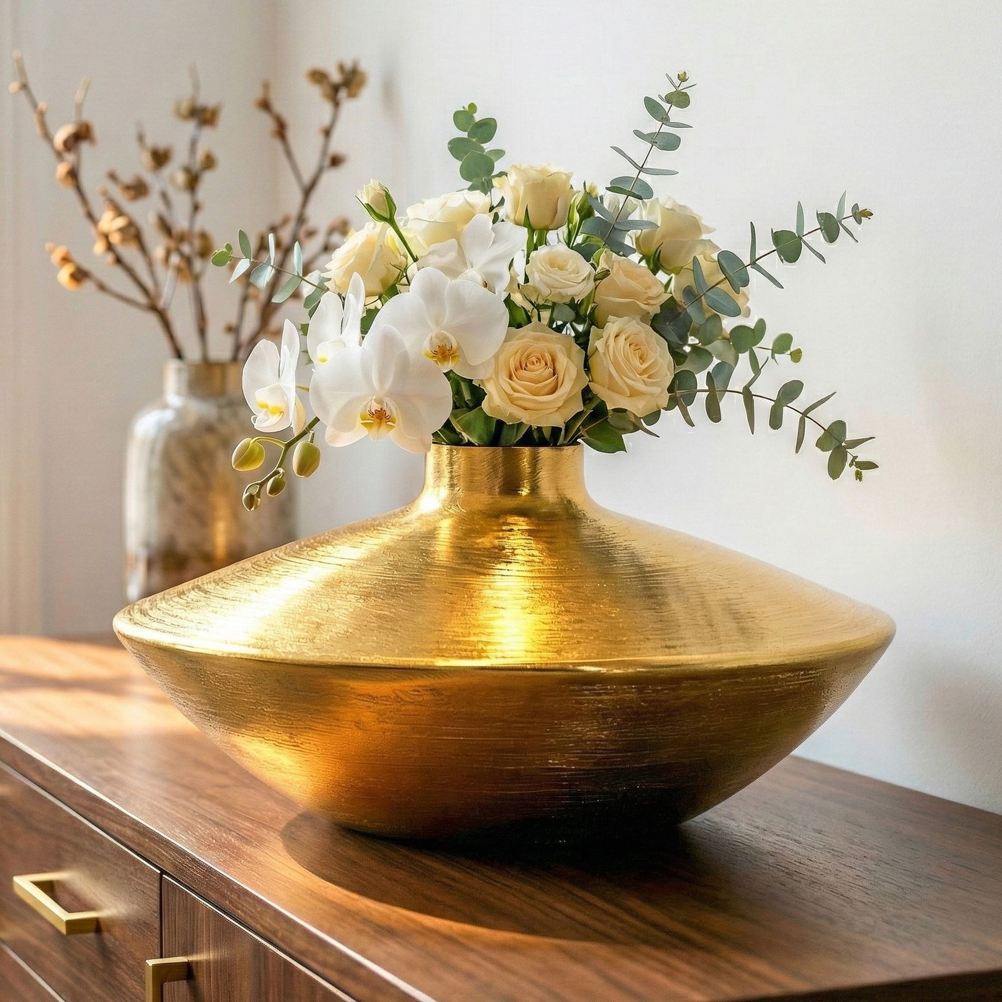 FINEBUY Tischvase FB77684 Vase Dekovase 35cm Aluminium Gold Blumenvase Wohndeko Rund (Flache Vase mit moderner und eleganter Form), Stilvolle Dekoration für Tisch und Sideboard