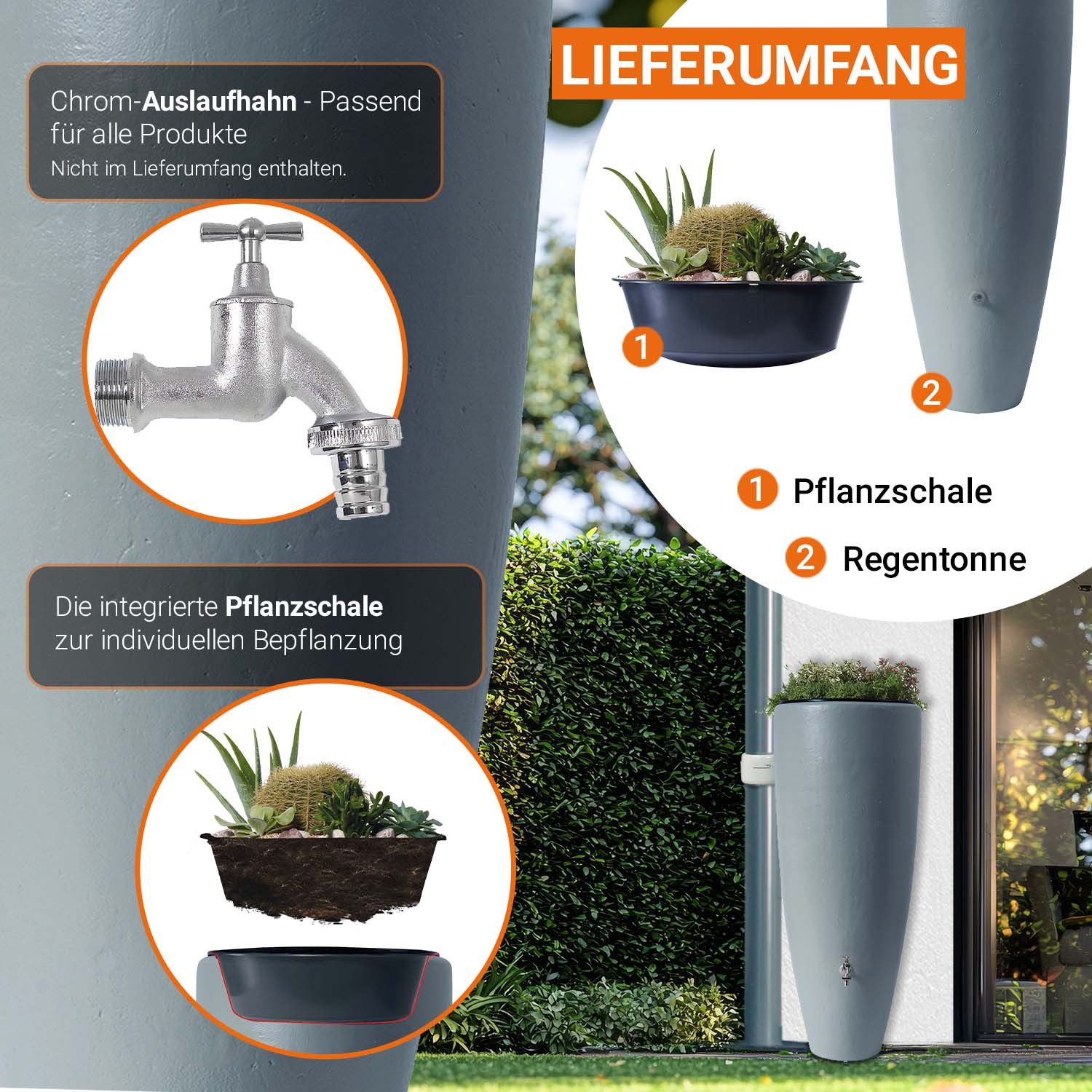GARANTIA Regentonne 2in1 Wasserbehälter 300 Liter zinkgrau inkl. Pflanzschale