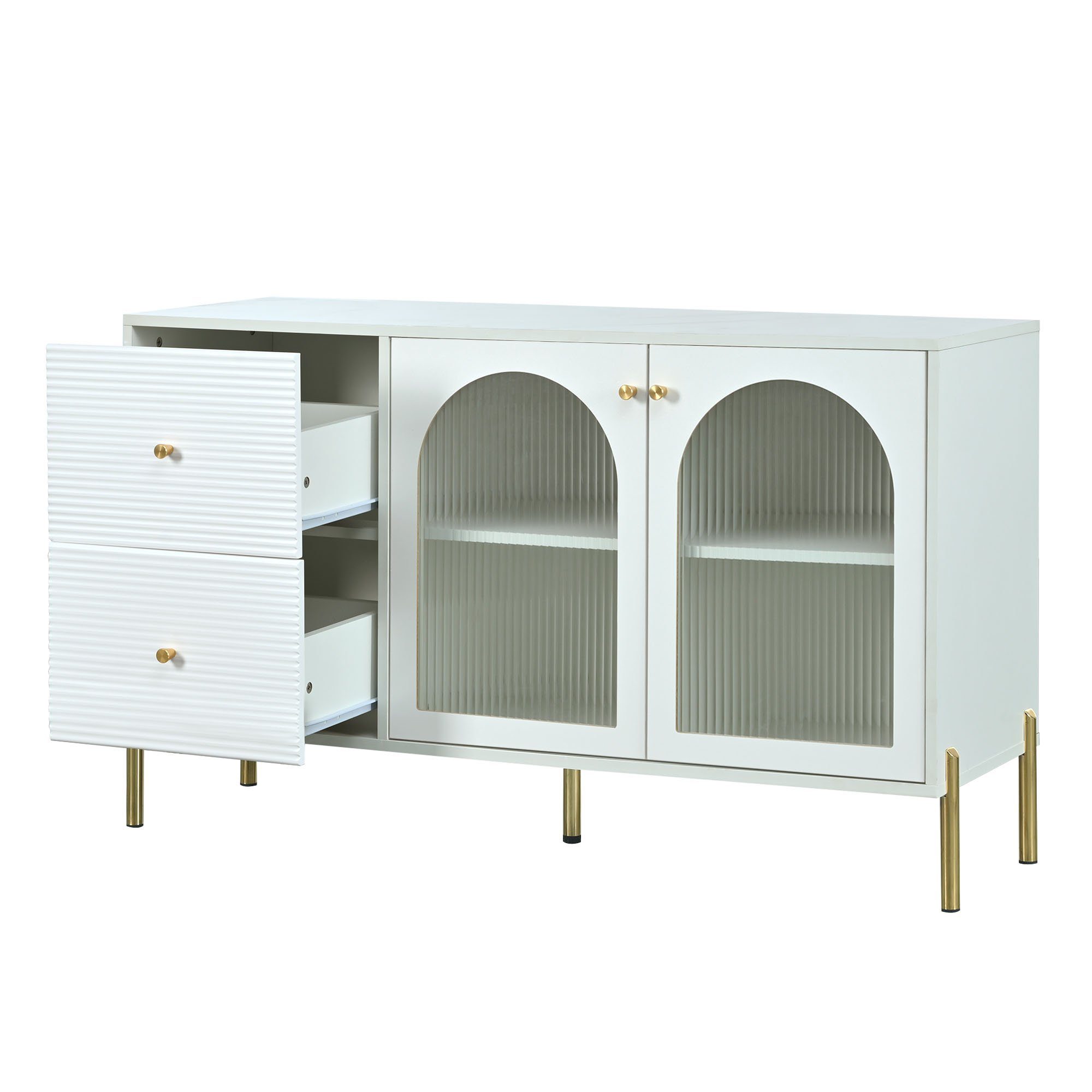 REDOM Sideboard Schrank mit 2 weiß-goldenes Schubladen, mit und 120 Sideboard, cm 2 Anrichte Glas langes Türen