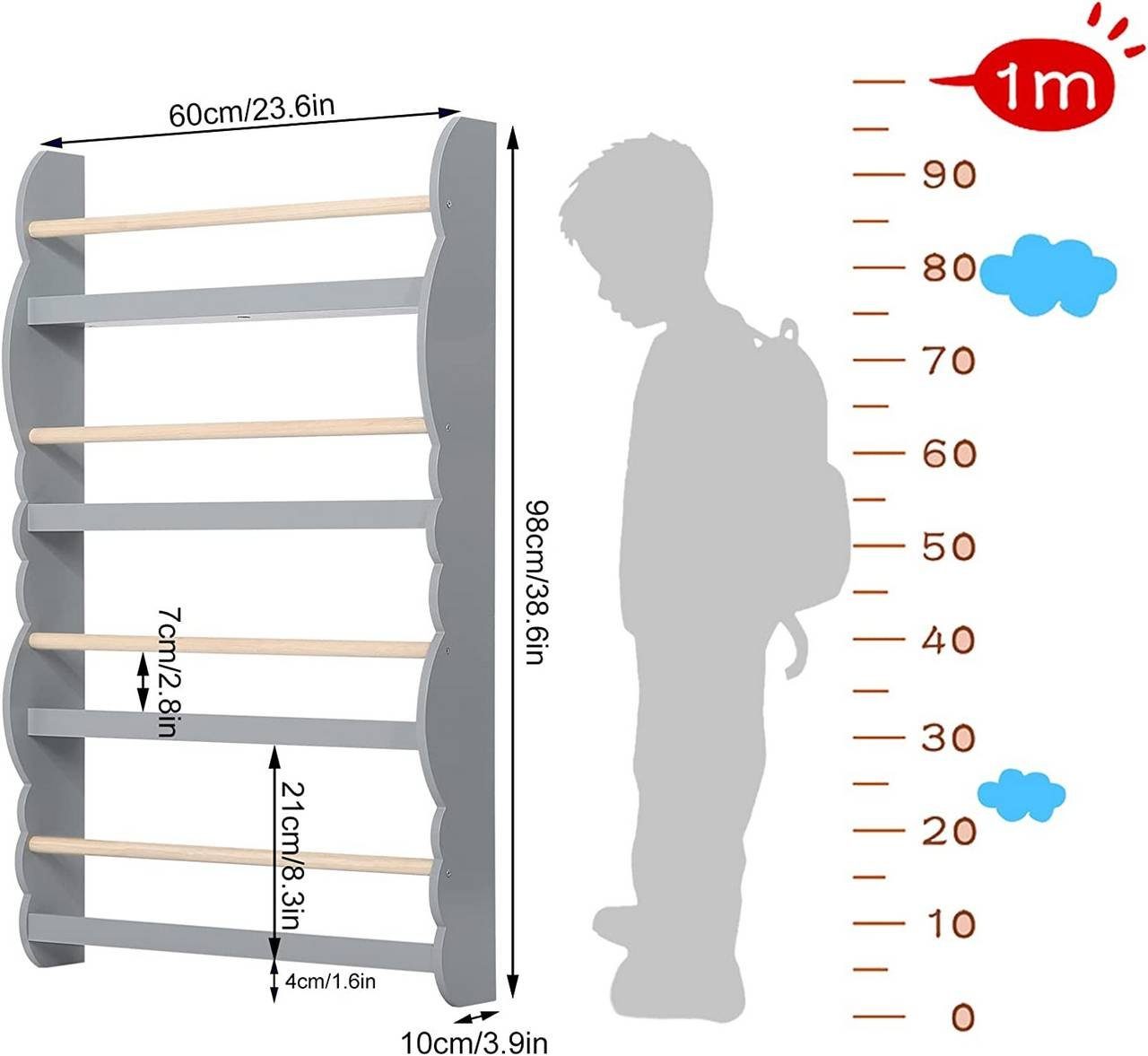 Woltu Wandregal, 1-tlg., Kinder Bücherregal, Bücher-Organizer