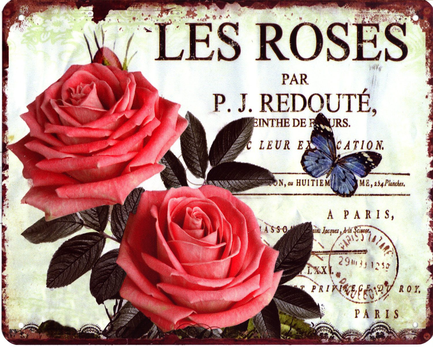 Moritz Metallschild Blechschild Les Roses Schmetterling, (Einzeln), 20 x 25cm Vintage Retro Deko Schild Metallschild Wandbild Schild