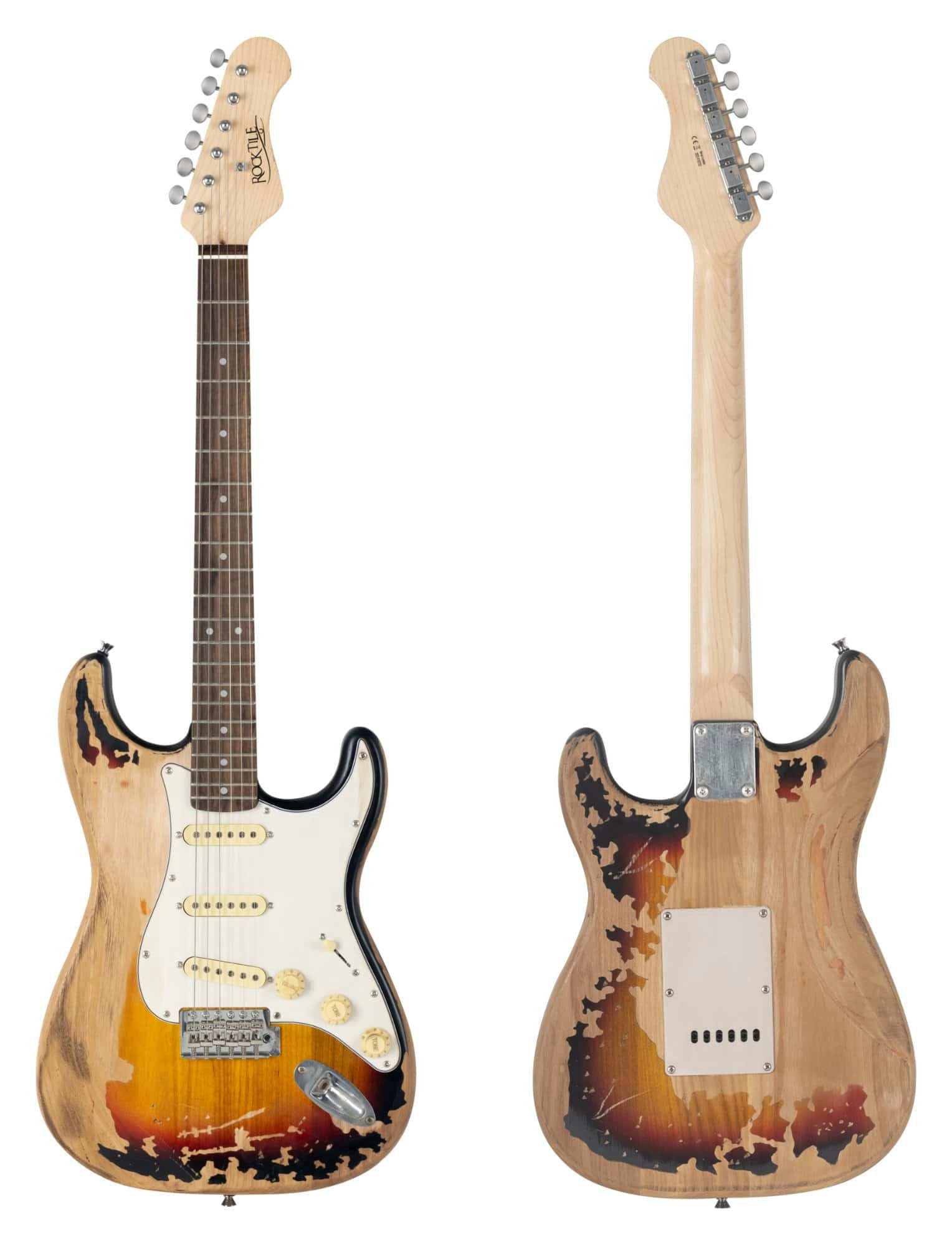 Rocktile E-Gitarre Vinstage ST-BBHSB Sunburst - Relic-Gitarre in Heavy Aged-Style, 3x Single Coil Pickup