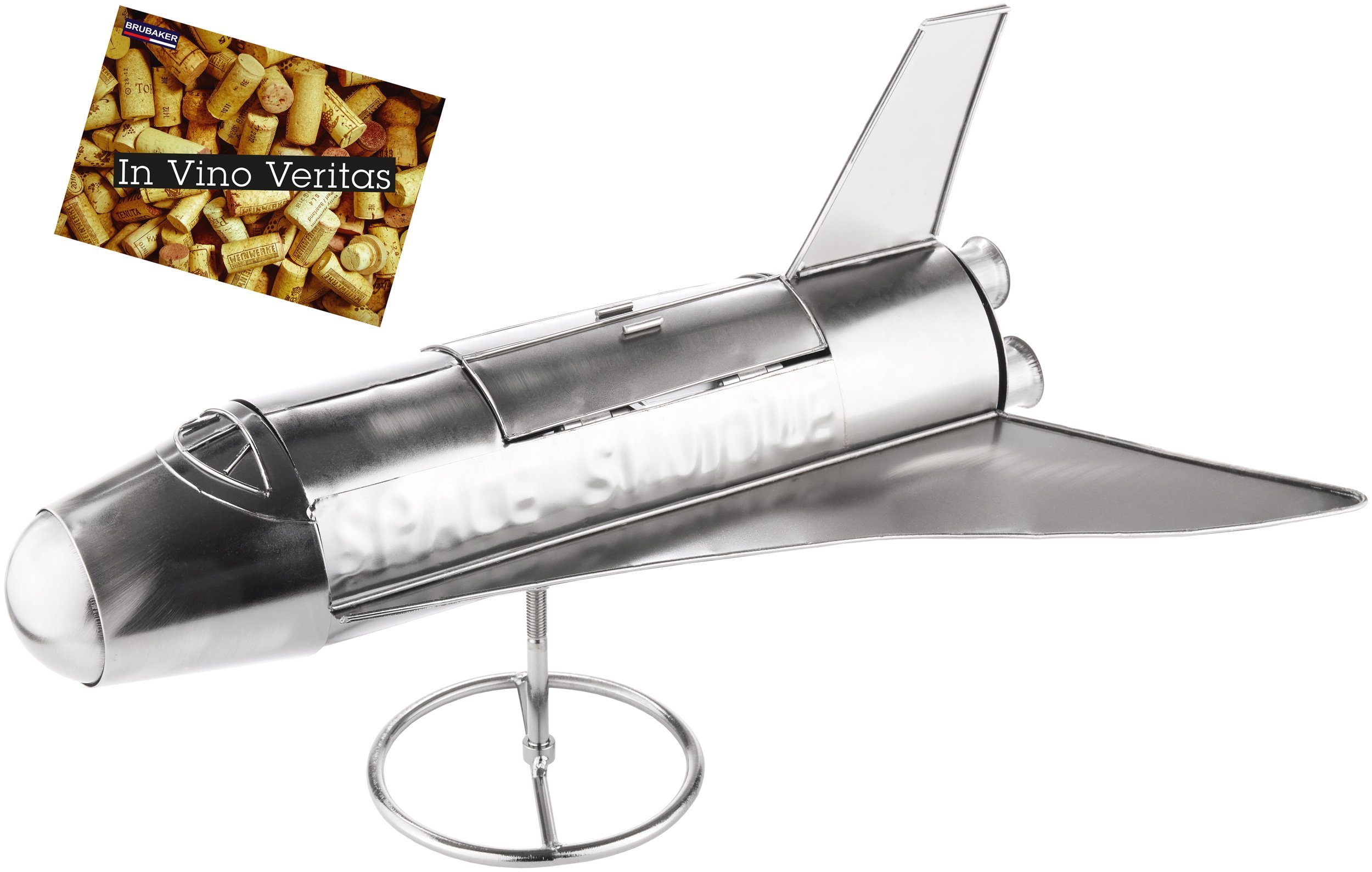 BRUBAKER Weinflaschenhalter Space Shuttle - Metall Skulptur Flaschenhalter mit Grußkarte, (Set, 1-St., Weingeschenk für Raumfahrt und Weltall Fans), Flaschenständer Rakete Raumfähre - Silber Metallfigur