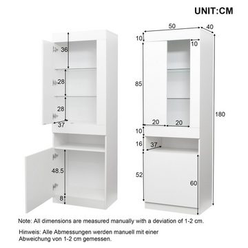 Merax Vitrine mit Glaseinlegeböden und LED-Beleuchtung Standvitrine mit großen Stauraum, Vitrinenschrank, Highboard, H:180cm