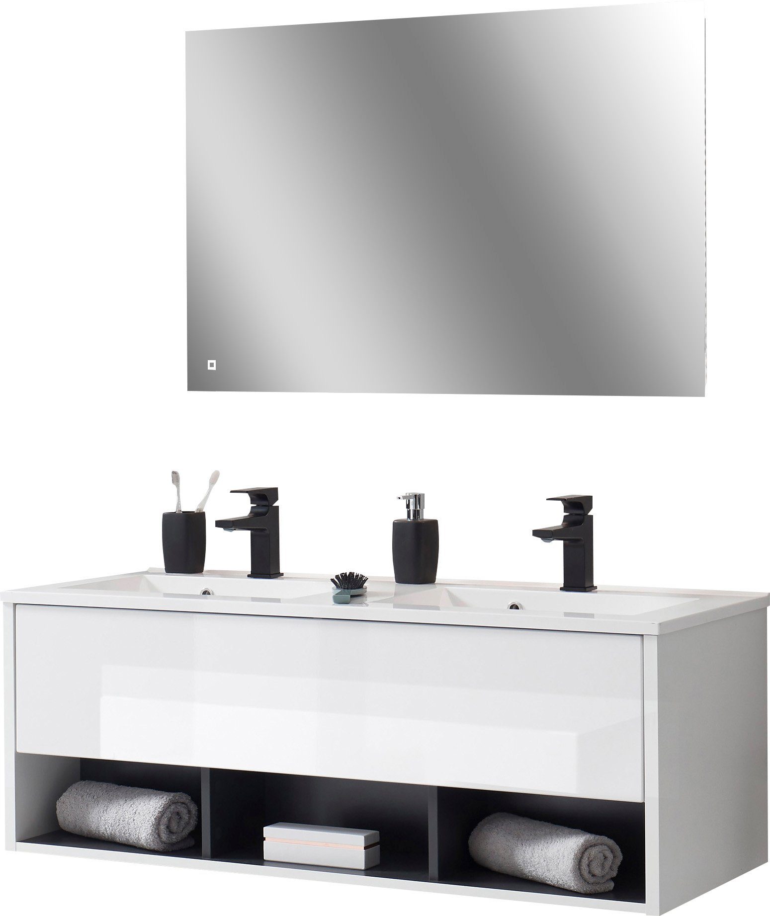 Home affaire Badmöbel-Set Studio Line, Bad im modernen Design, 2-teiliges Badezimmer, (2-St), Waschtisch und Spiegel, in zwei Farben verfügbar, viel Stauraum