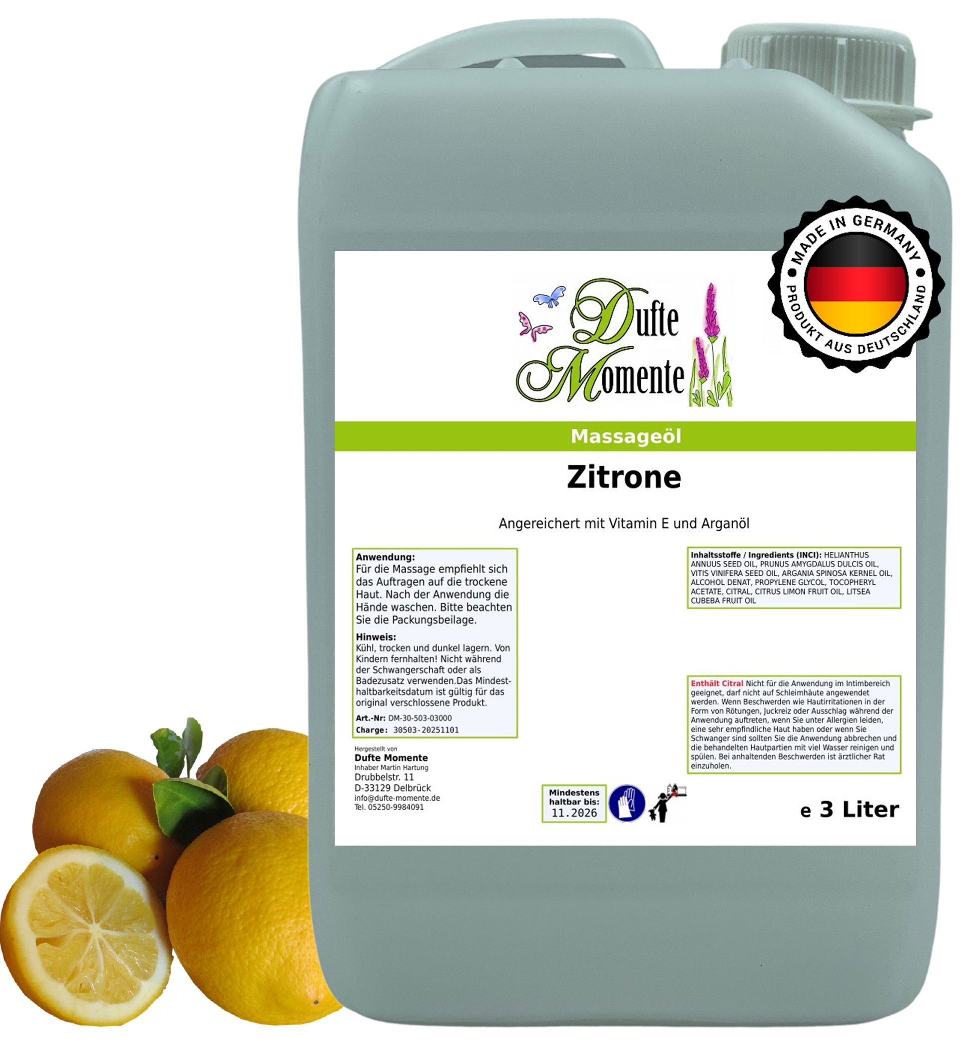 Dufte Momente Massageöl Zitrone 250ml - 3L, Paraffinölbasis, vegan & ohne Tierversuche