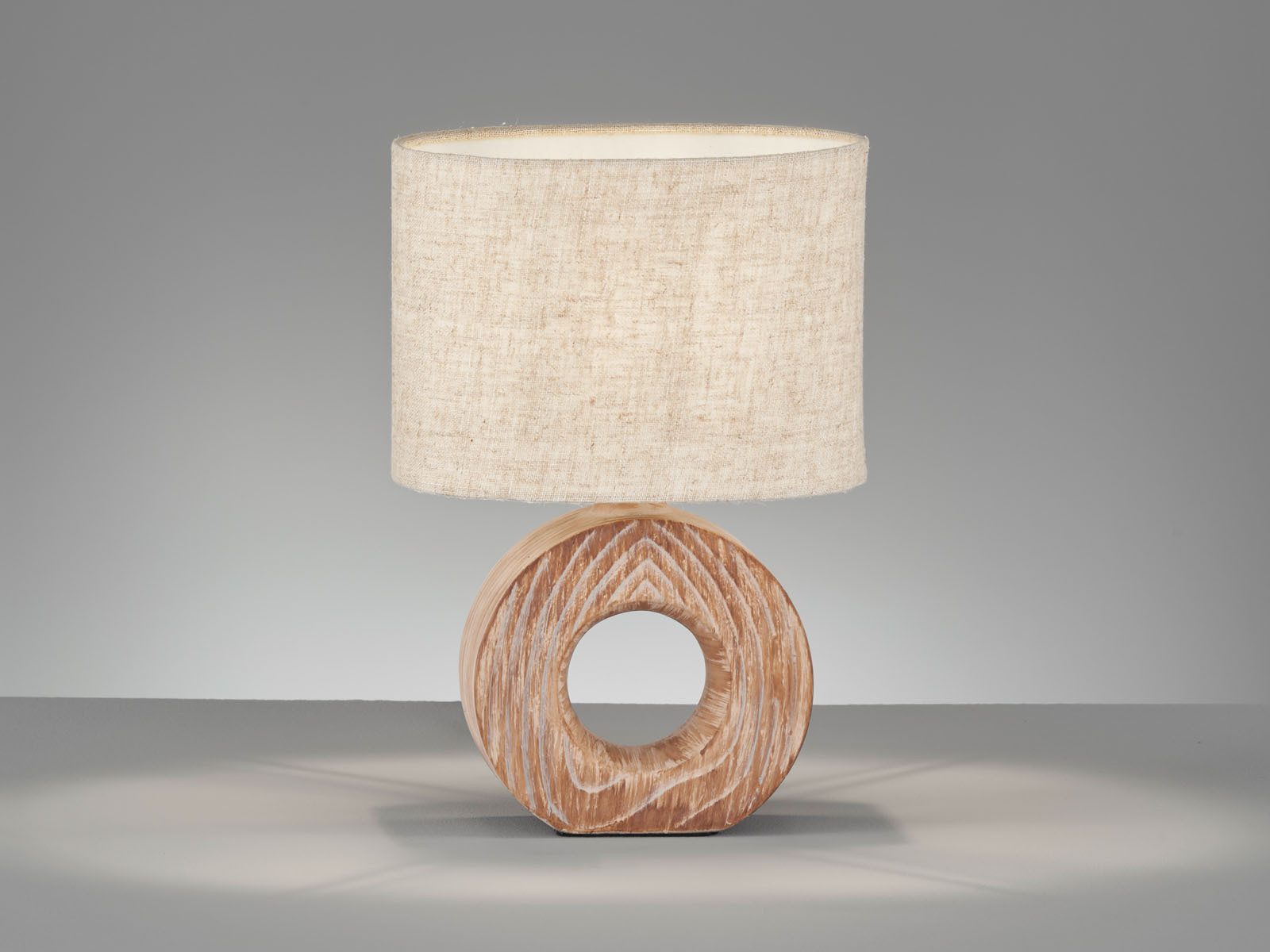 FISCHER & HONSEL LED Nachttischlampe, Dimmfunktion, LED wechselbar, Warmweiß, Keramik-Fuß Holz-Optik skandinavisch & Lampenschirm oval Leinen Beige