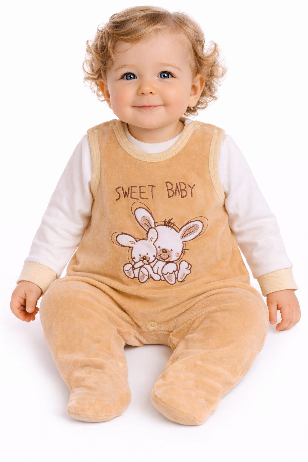 La Bortini Strampler Baby Anzug aus Velours in Beige mit Häschen Shirt Stramplerhose aus weichem Velours, 44 50 56 62