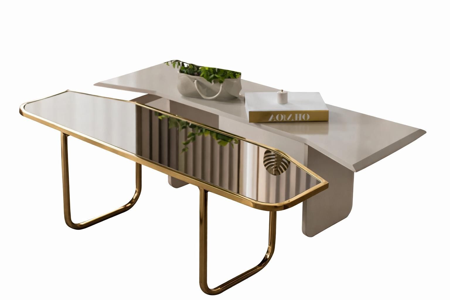 Xlmoebel Couchtisch Beiger Couchtisch mit Spiegeloberfläche und goldenem Gestell, Made in Europa