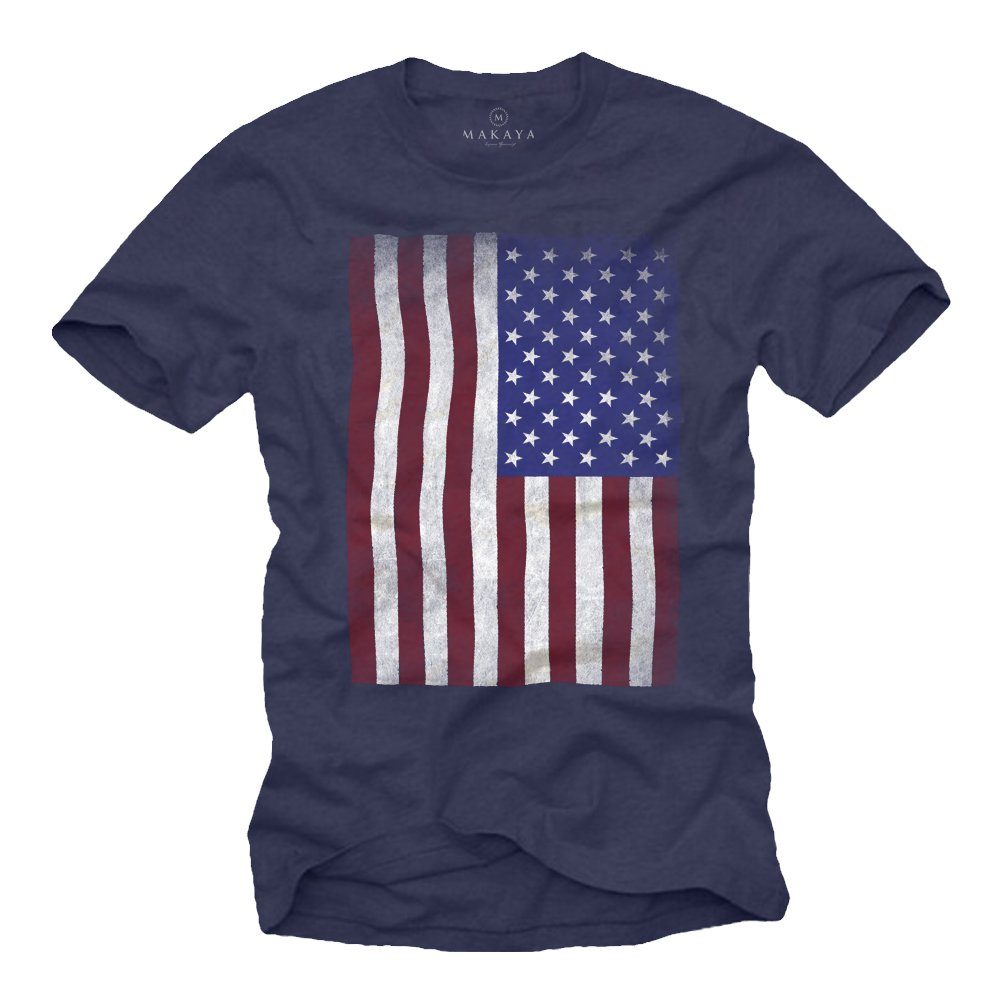 mit Print-Shirt Blau Amerika Herren T-Shirt Flagge MAKAYA Army Vintage Armee US Männer Baumwolle Fahne aus USA Druck,