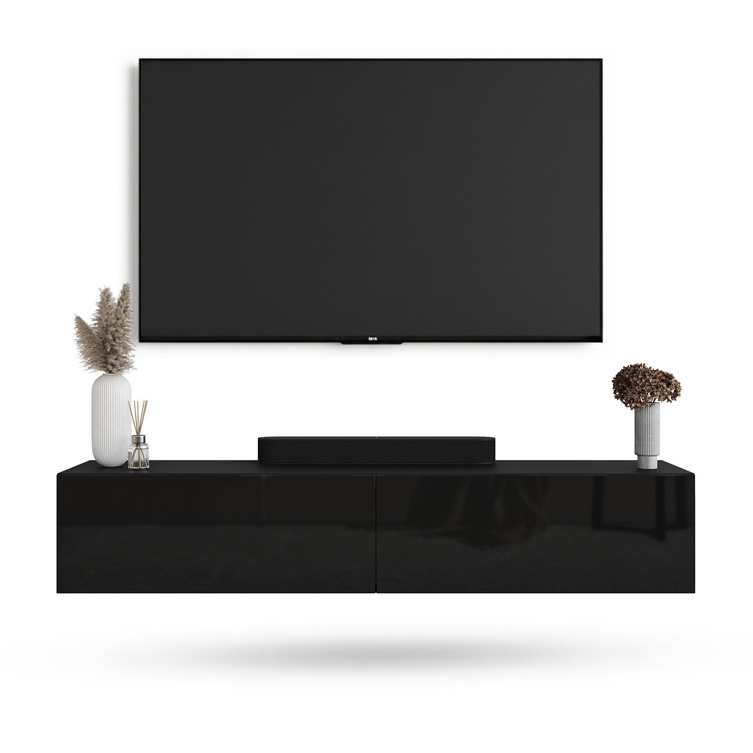 Planetmöbel TV-Schrank West TV-Board, Fernsehtisch 160 cm lang, TV-Lowboard (für Fernseher bis 75 Zoll, TV Schrank viel Stauraum, sideboard hängend, Fernsehschrank 160 x 30 x 37,5 cm) schwarz