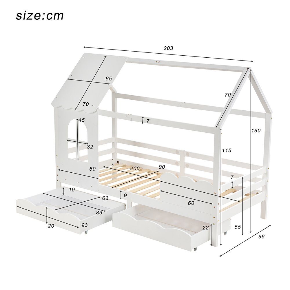 Hausbett (Kinderbett 200x90 cm), Jugendbett mit Rausfallschutz, 2 Schubladen und Lattenrost, Kiefer