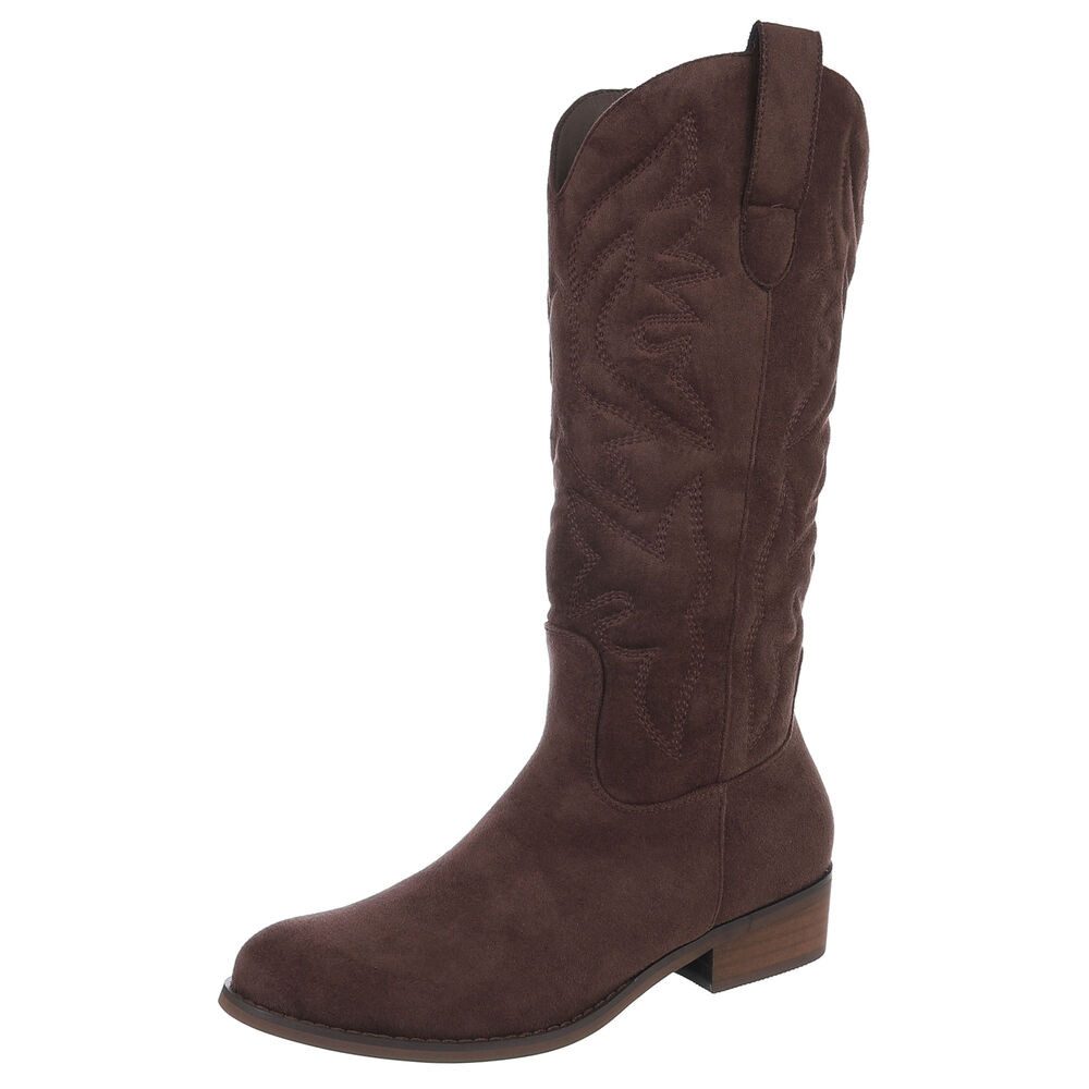 Ital-Design Damen Cowboyboots mit Blockabsatz und Ziernähten Westernstiefel (92299886) Blockabsatz Flache Stiefel in Braun