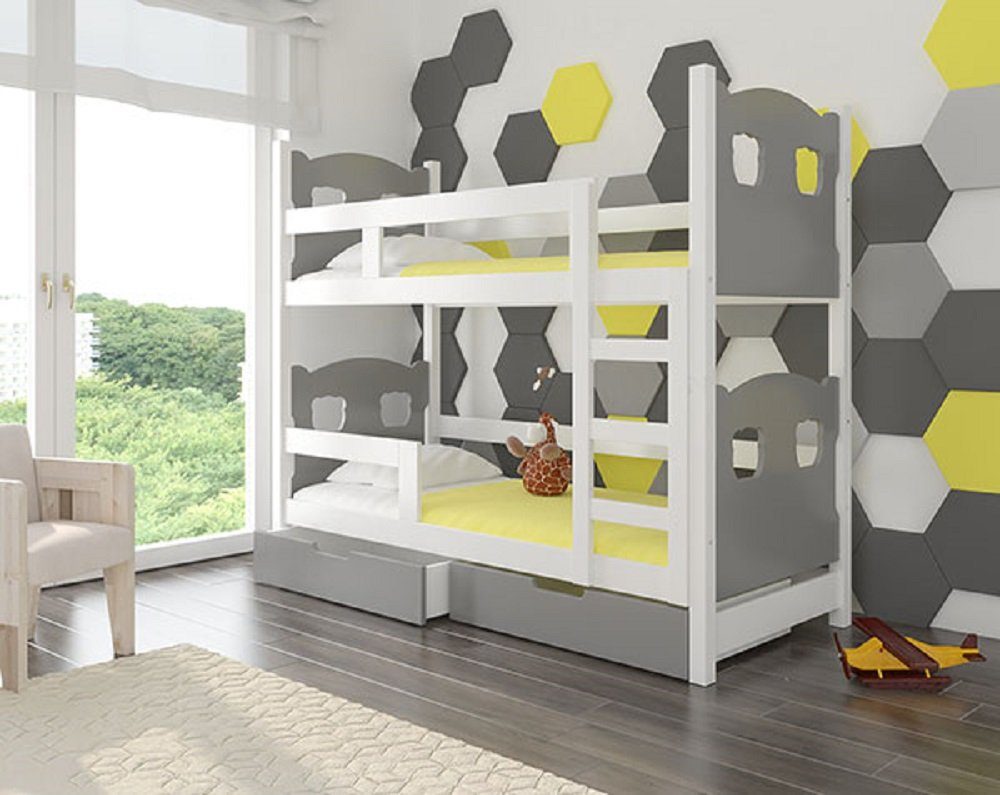 Feldmann-Wohnen Hochbett MARABA (Etagenbett mit 2 Schlafgelegenheiten) Farbe wählbar Kiefer weiß / Absetzungen: grau