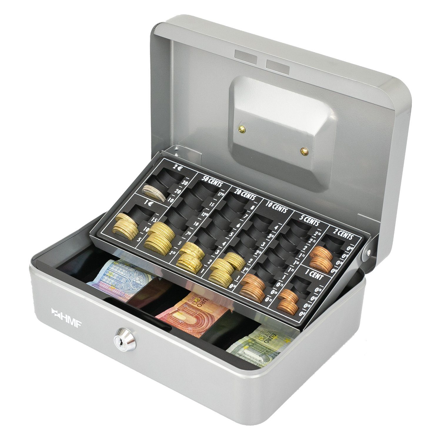 HMF Geldkassette abschließbare Bargeldkasse silber 25x18x9 Scheinfach, Geldbox Münzzählbrett mit mit und robuste cm Schlüssel