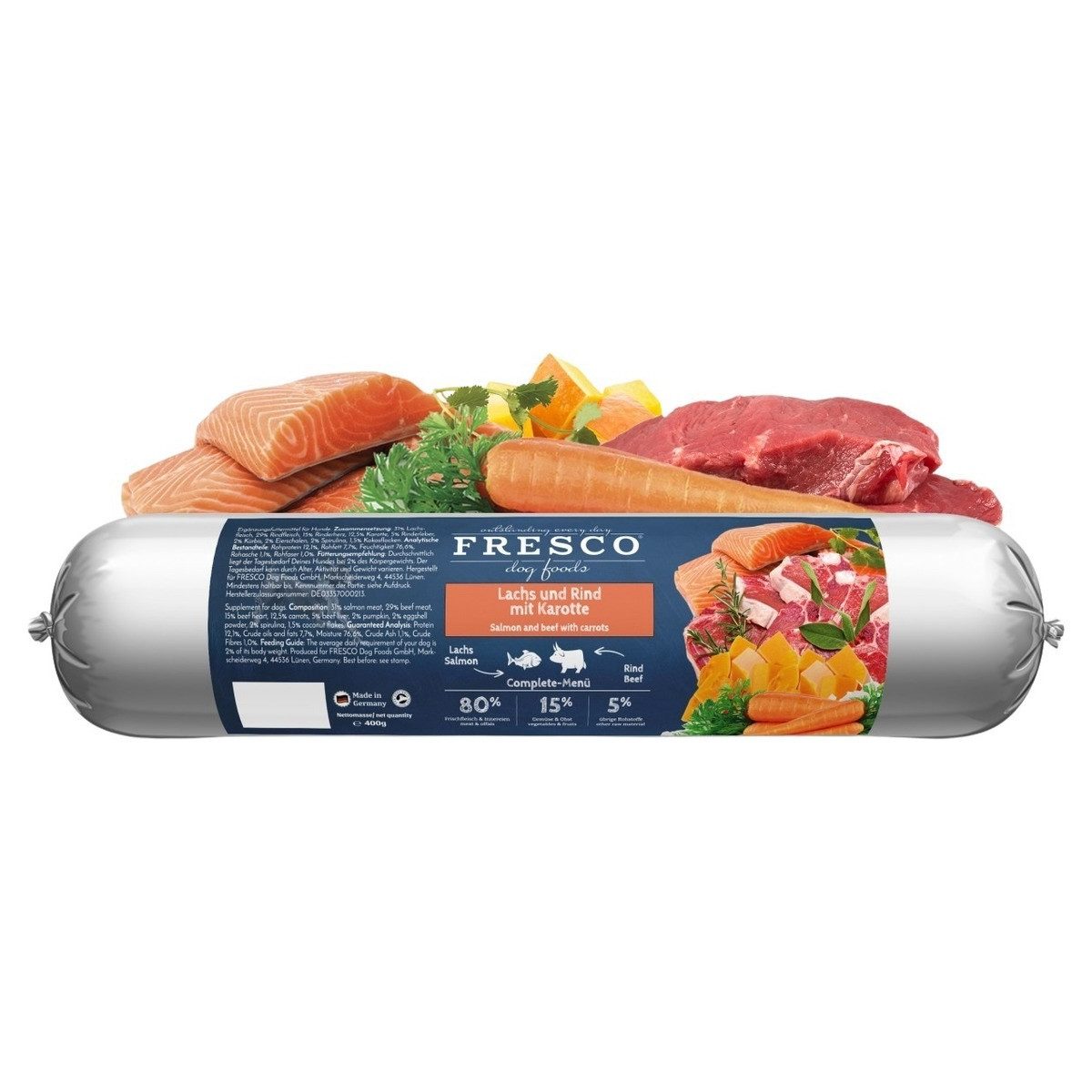 Fresco BarfWurst Lachs und Rind mit Karotte 400 g, für: Hund